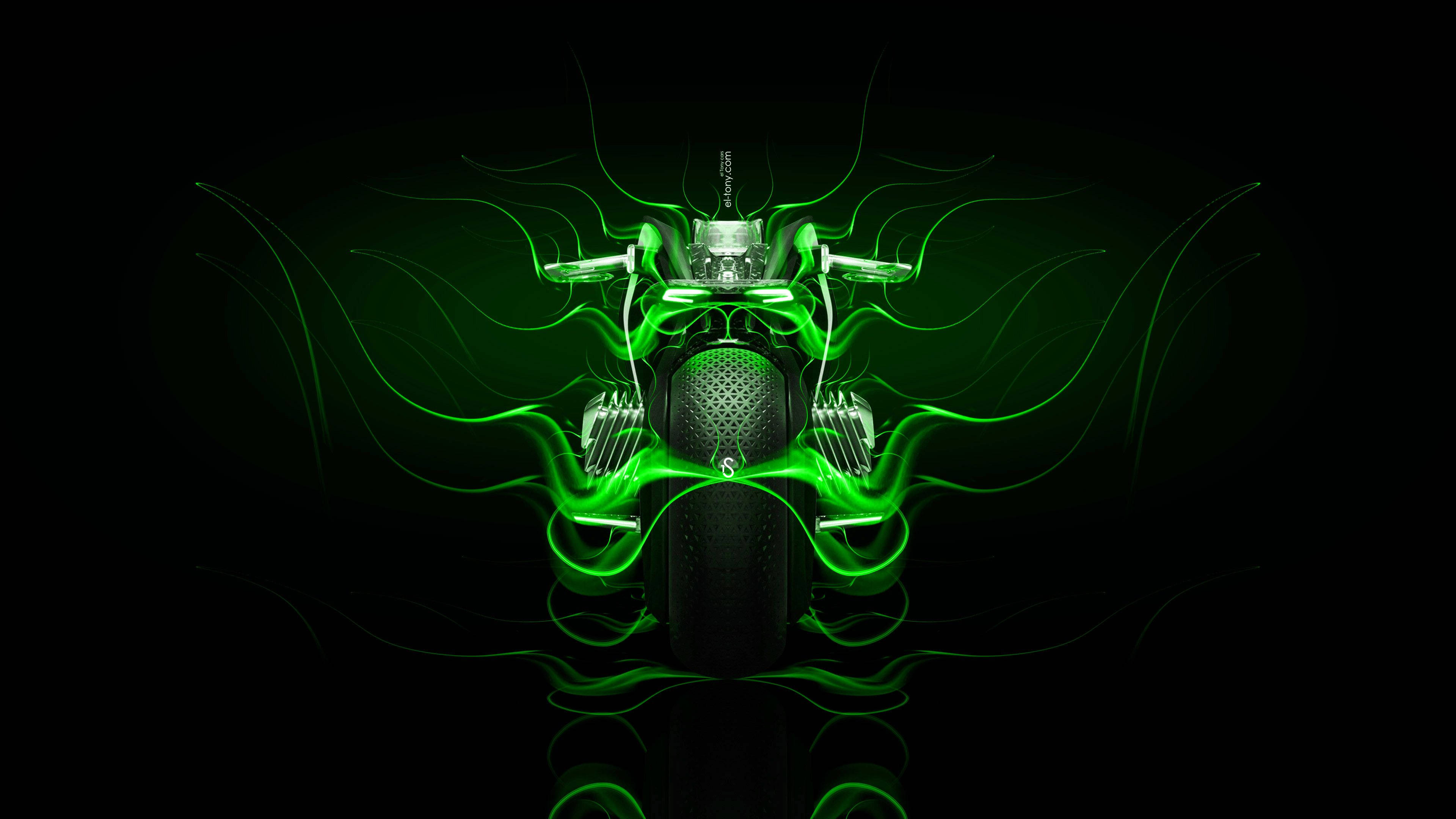 burning green fire motorcycle, neon green energy streams, futuristic motorcycle, 4K Desktop Wallpaper