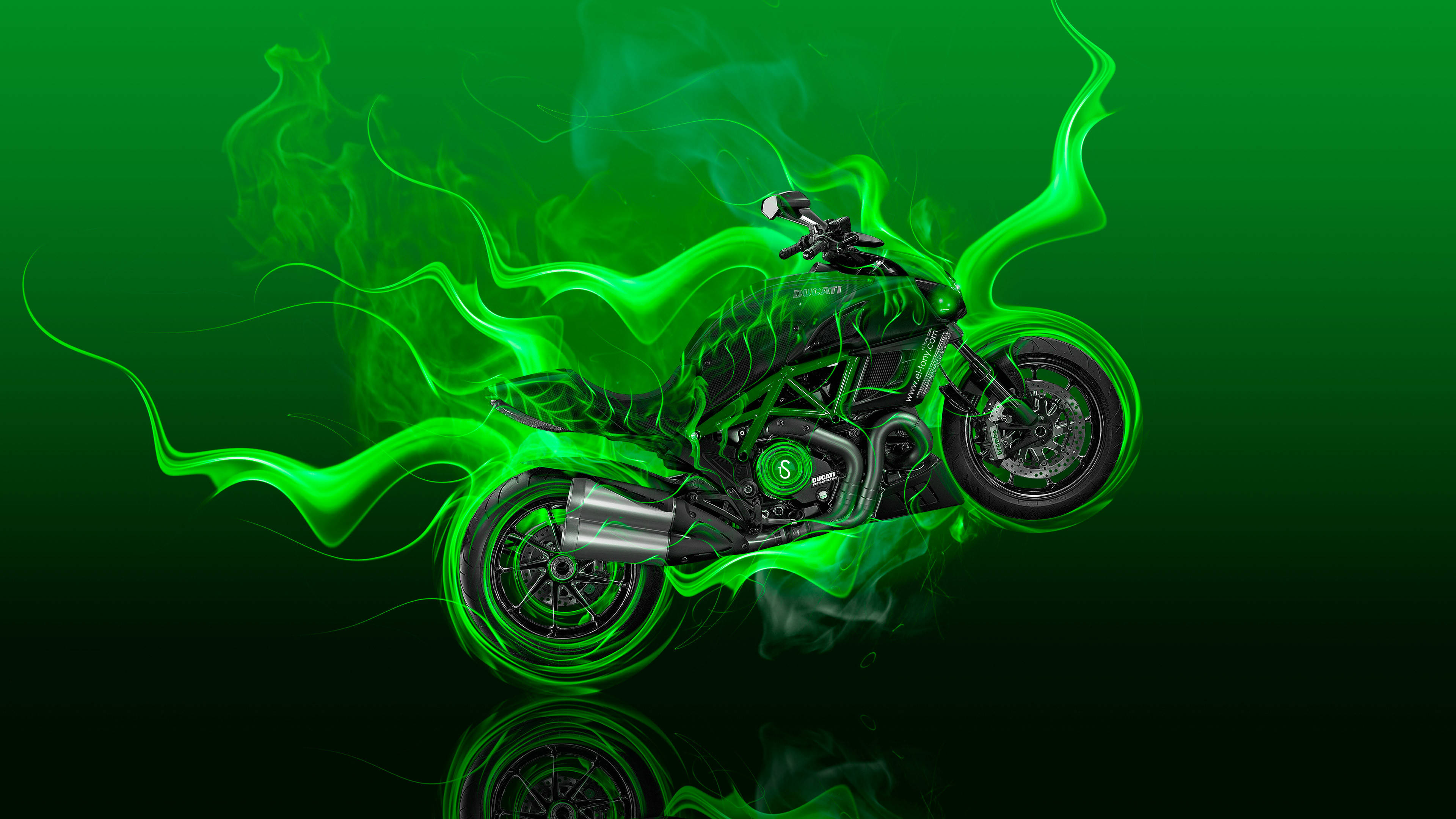 blazing motorcycle, green fire, glowing green flames, 4K Desktop Wallpaper