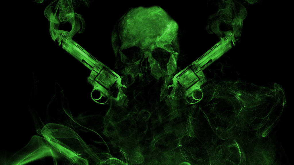Green Fire, smoking revolvers, glowing green skull, SD Desktop Wallpaper