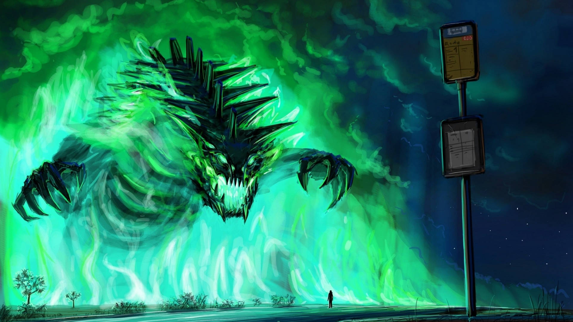green glowing monster, swirling energy, desolate night landscape, Full HD Desktop Wallpaper