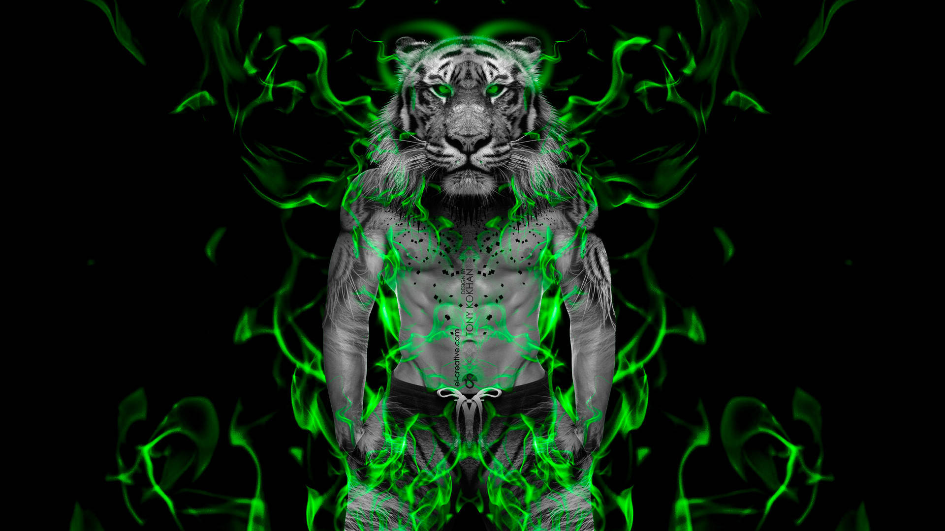 tiger head human, green electric flames, black background, Full HD Desktop Wallpaper
