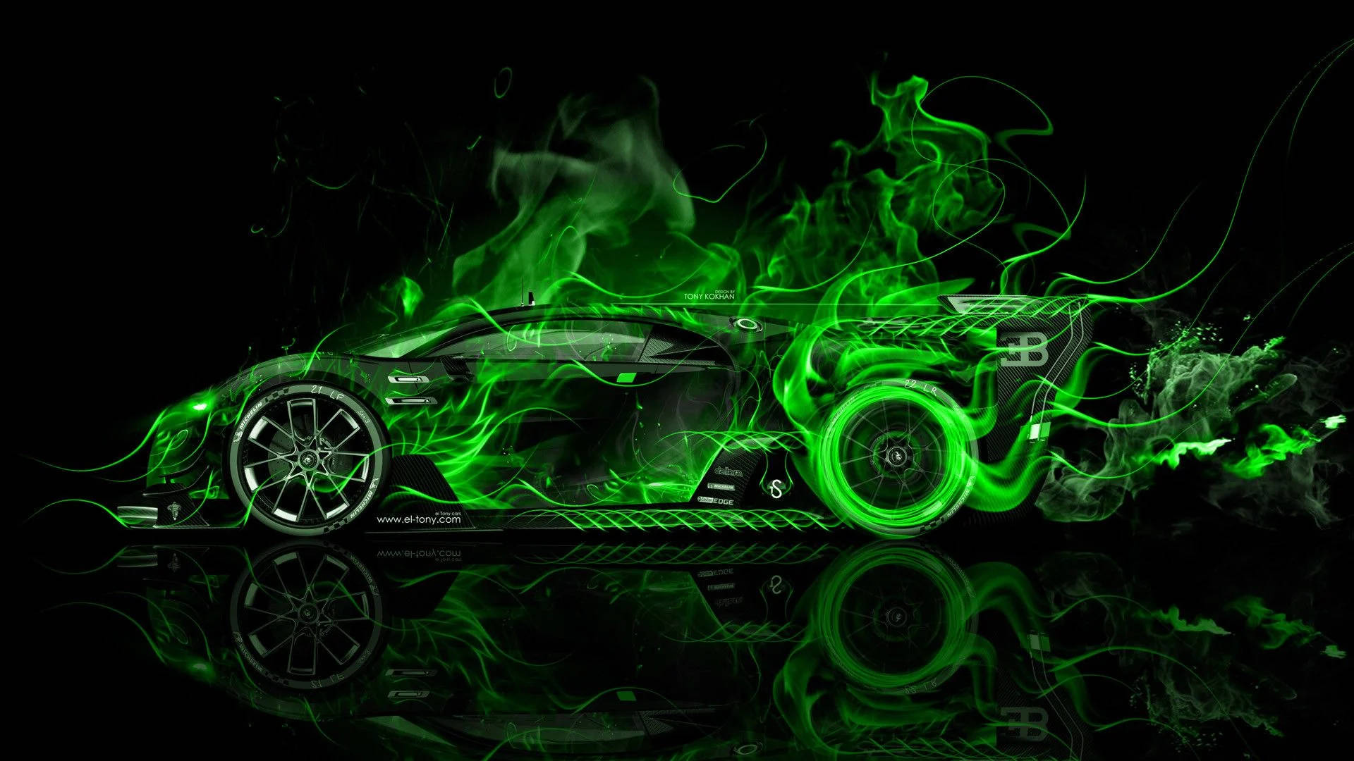 sleek black sports car, vibrant green neon flames, dark reflective surface, Full HD Desktop Wallpaper