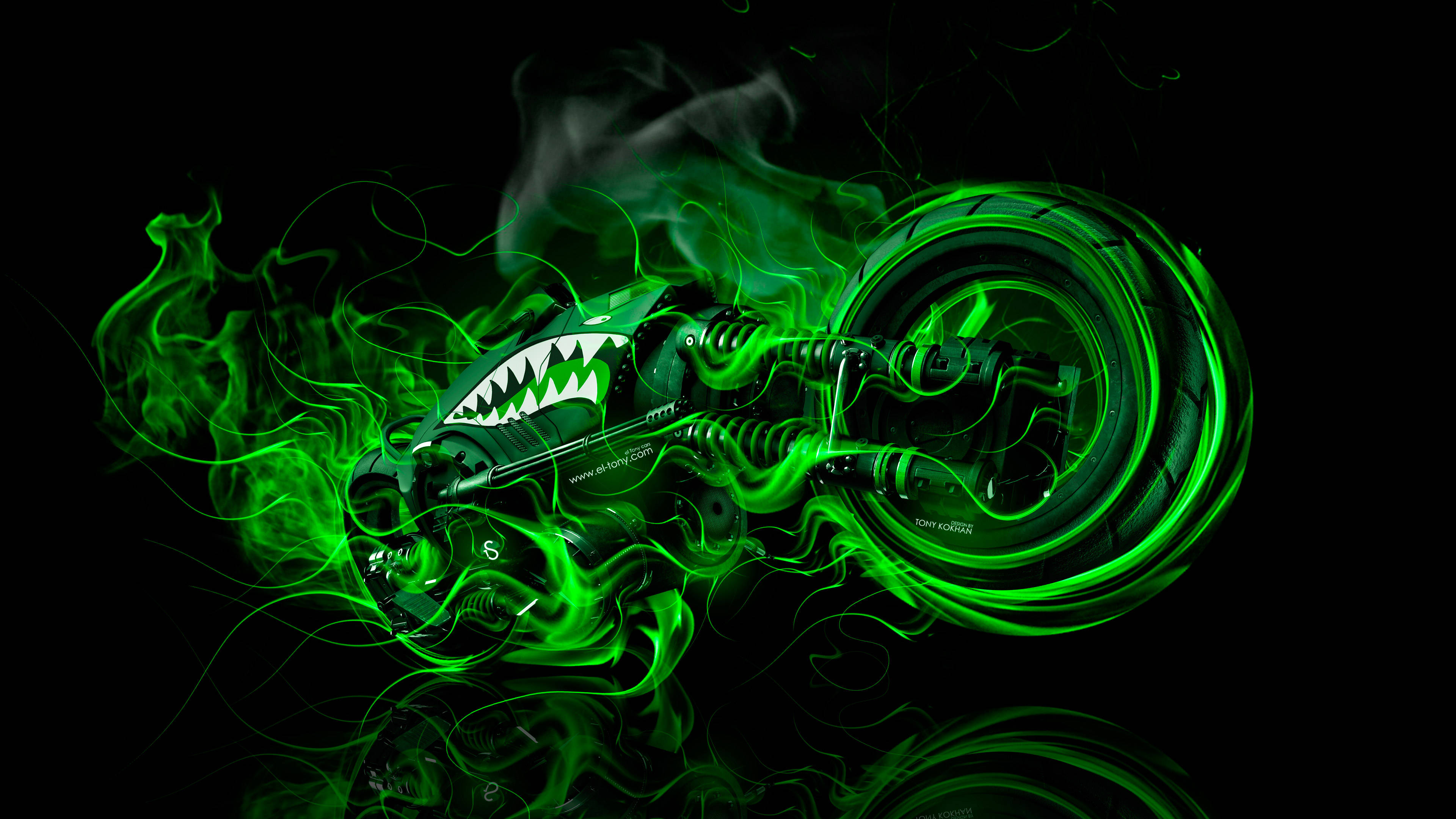 shark motorcycle, green fire, shark mouth grille, 4K Desktop Wallpaper