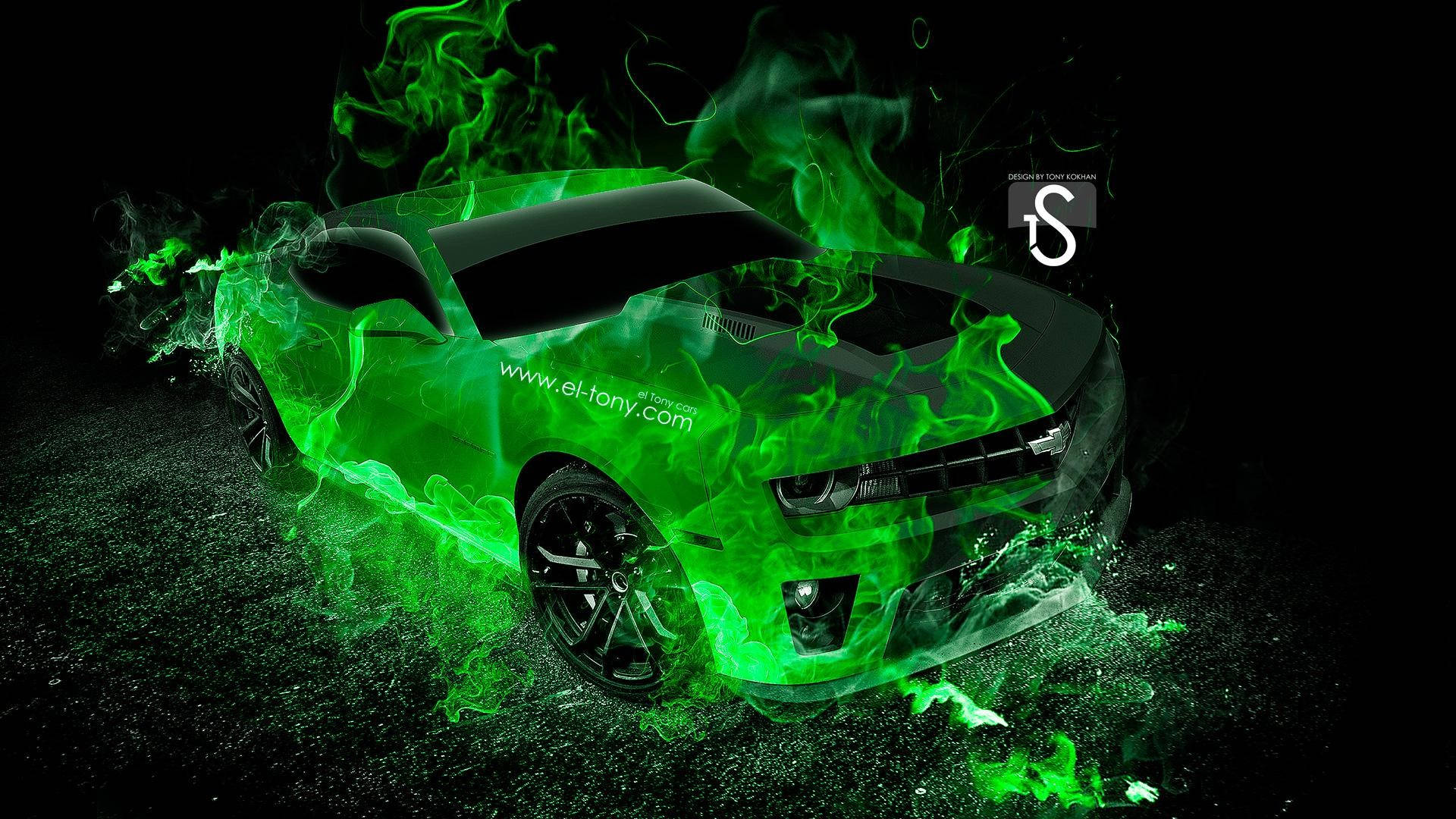 sleek black sports car, vibrant green flames, dark background, Full HD Desktop Wallpaper