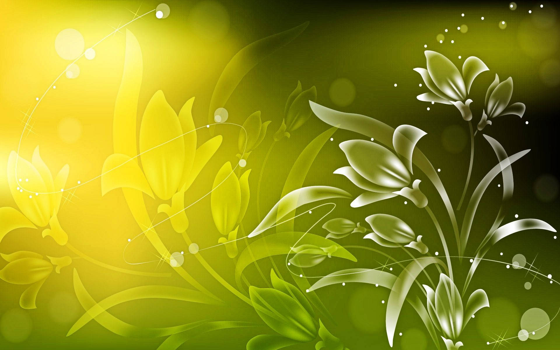 Green Floral, white lining, vibrant yellow, Full HD Desktop Wallpaper