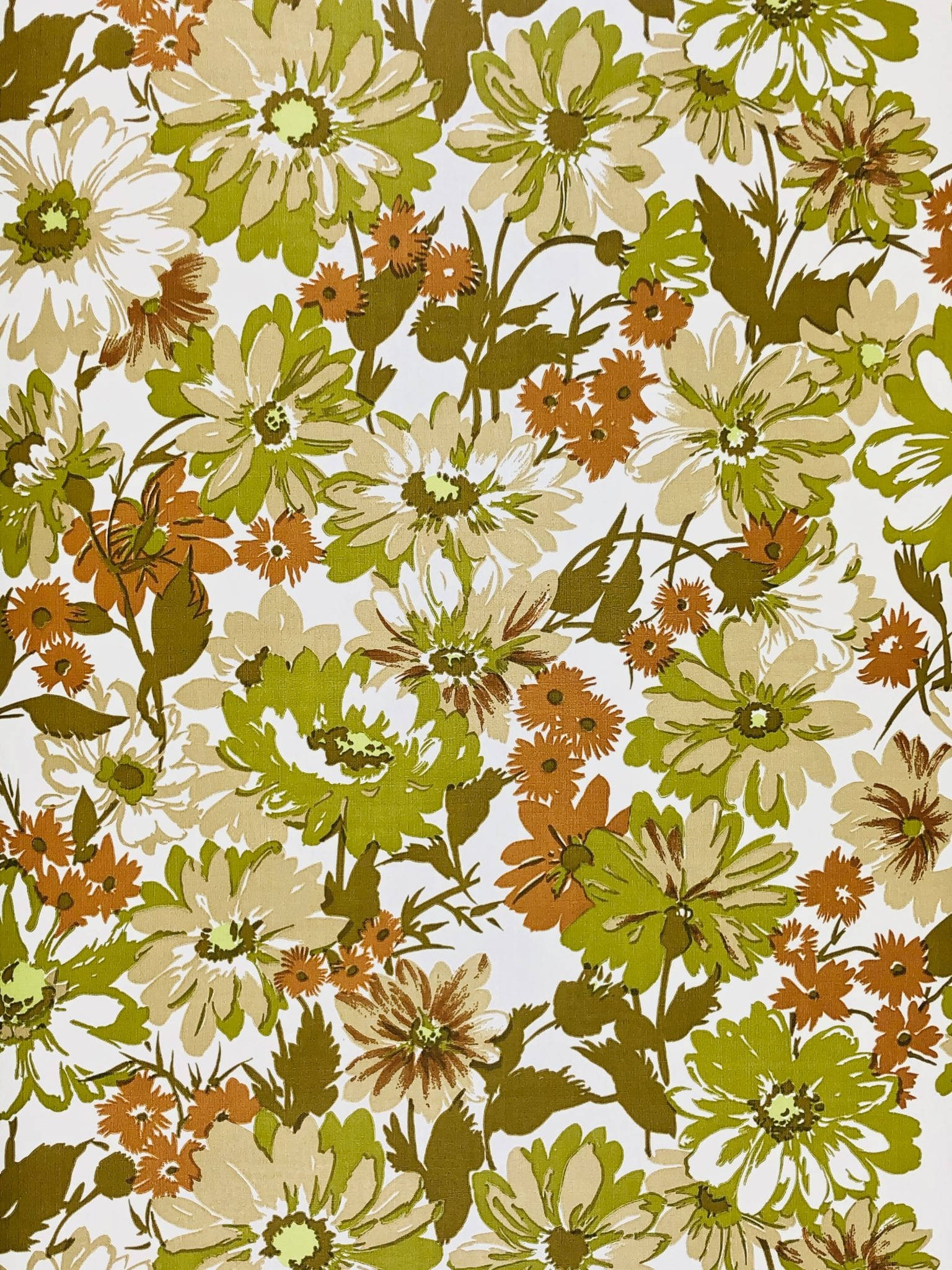 Green Floral Autumn, retro floral pattern, green and cream daisies, Full HD Phone Wallpaper