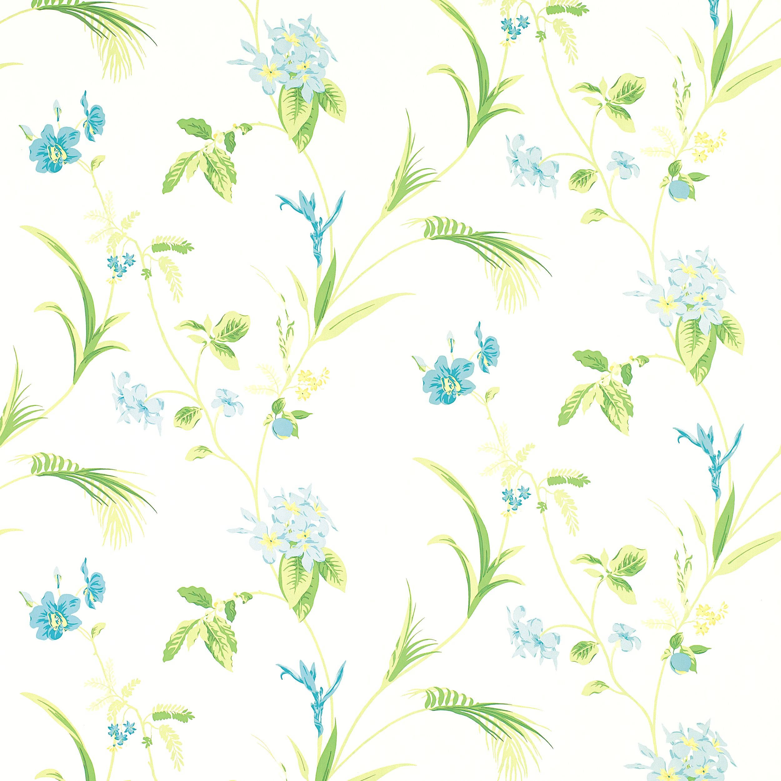 green floral orchids, blue flowers, green leaves, Full HD Desktop Wallpaper
