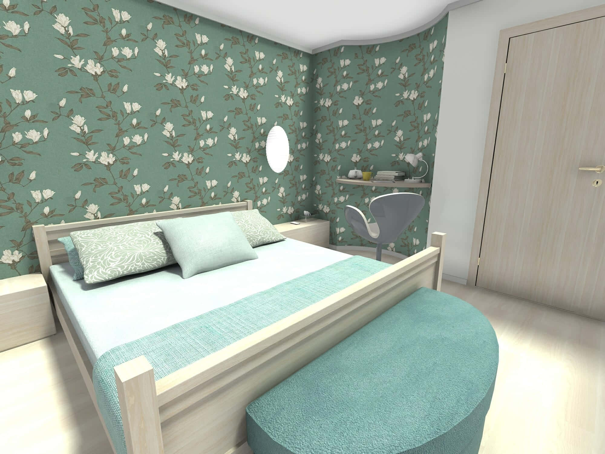 teal floral wallpaper, light wood furniture, ottoman, Full HD Desktop Wallpaper