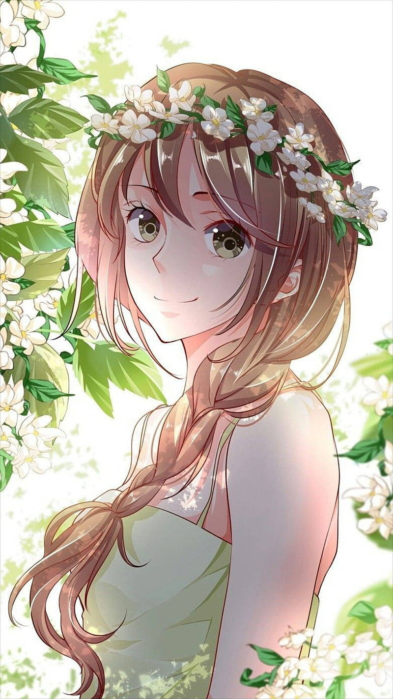 anime girl, brown hair, white flower crown, HD Phone Wallpaper