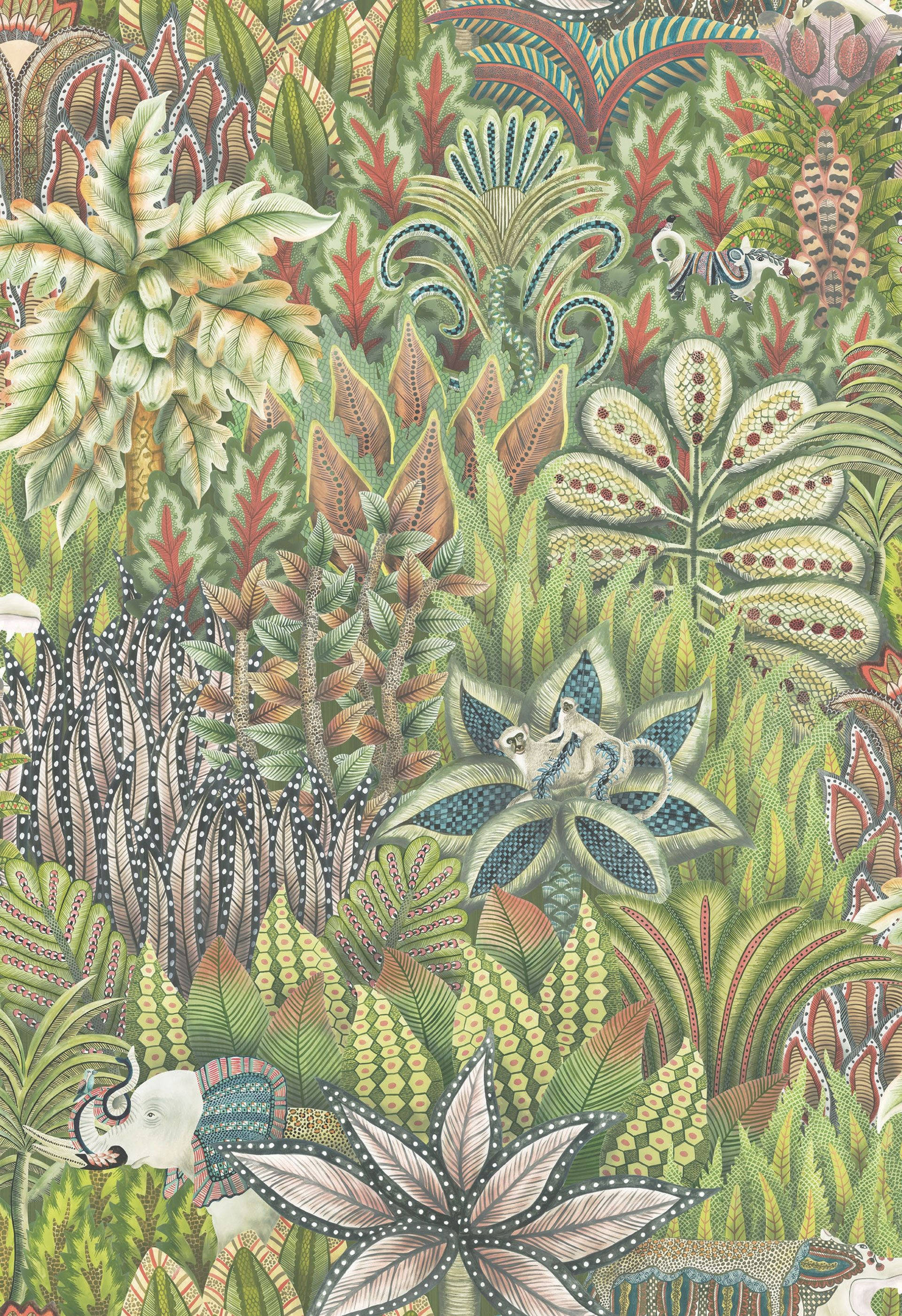 Green Floral Plants, jungle, stylized elephants, 2K Phone Wallpaper