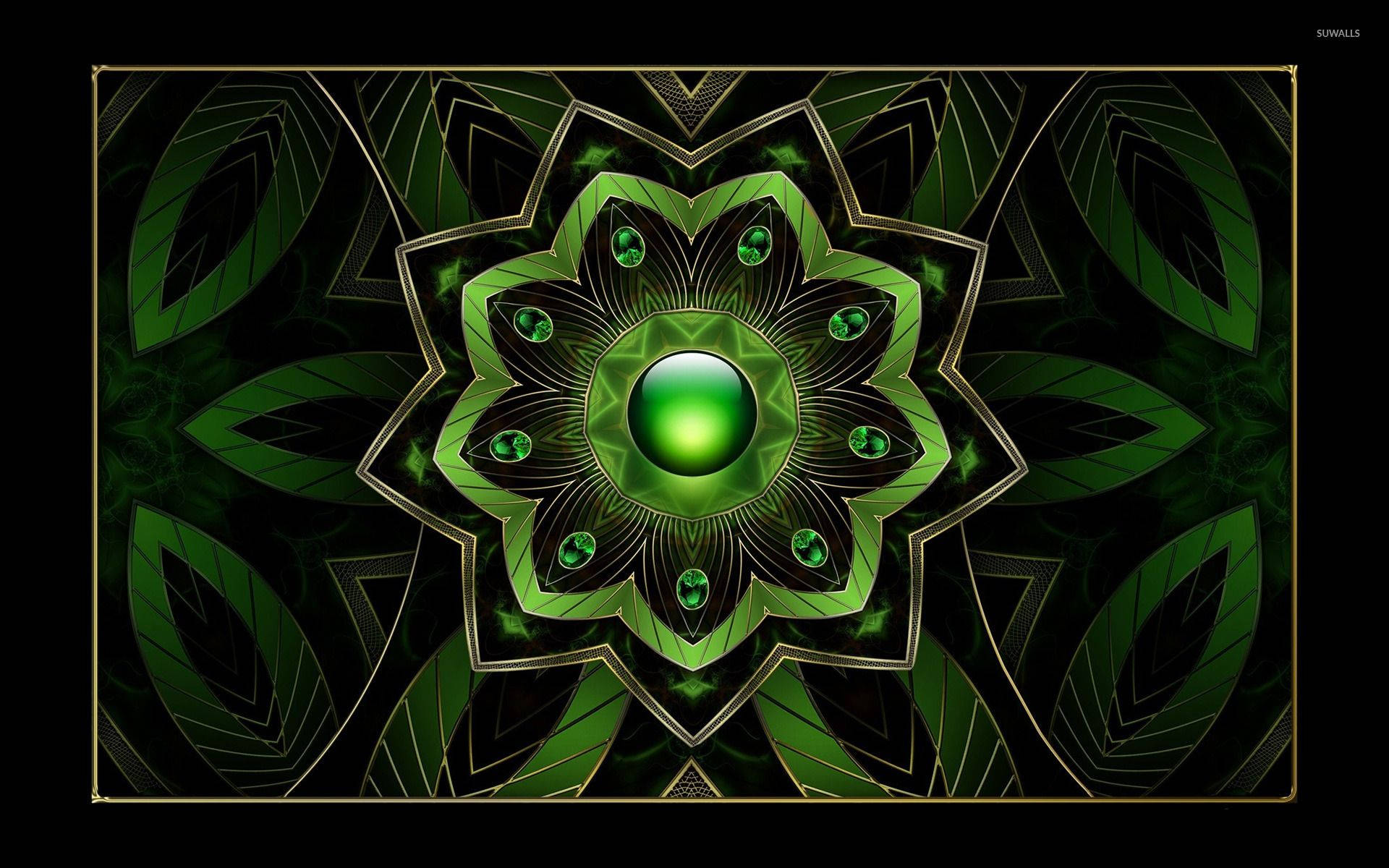 Green Floral Pendant, radiant green mandala, glowing gemstone center, Full HD Desktop Wallpaper