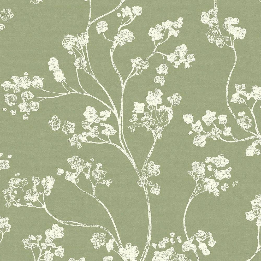 white floral branches, textured blooms, muted sage green fabric background, SD Desktop Wallpaper