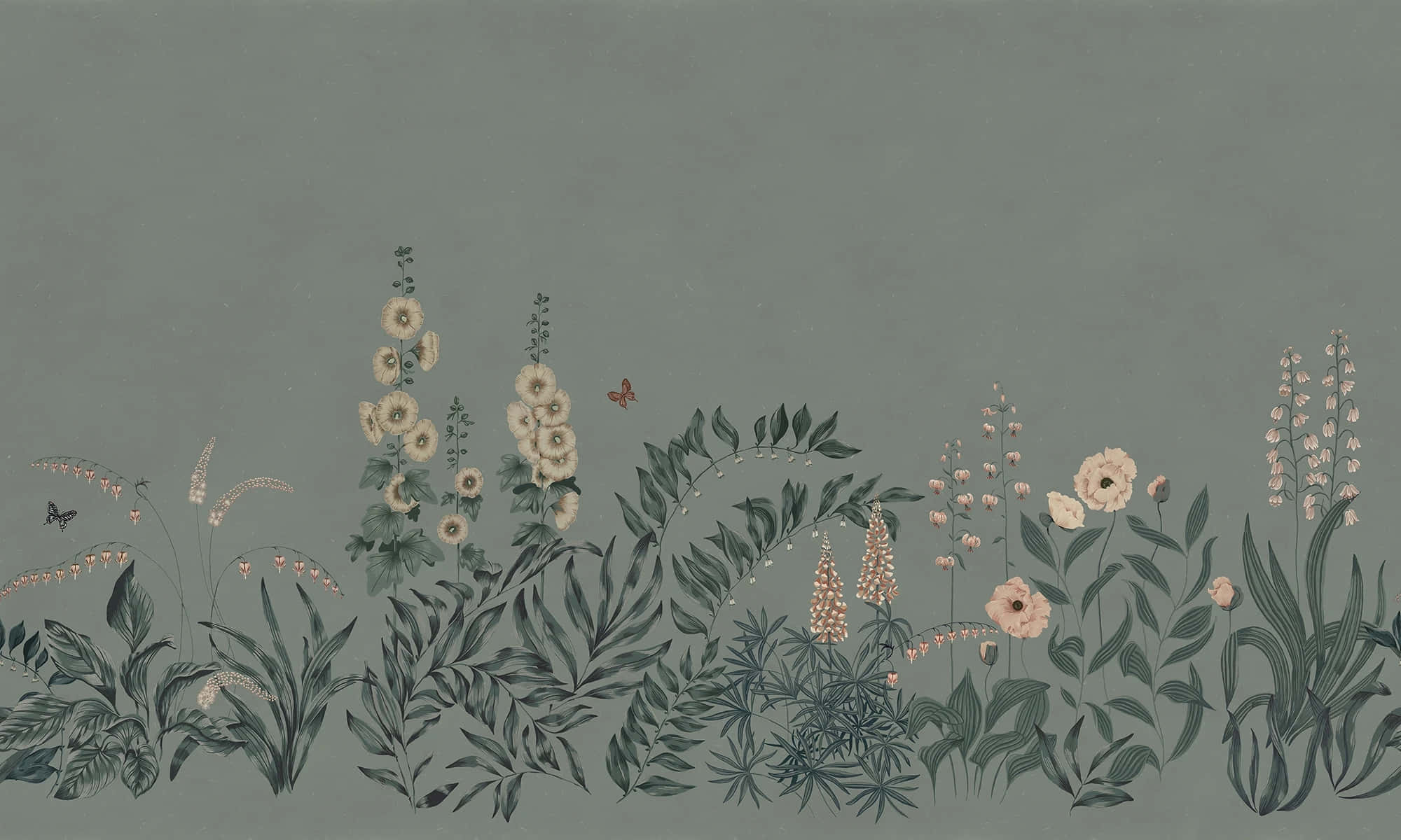sage green, botanical wallpaper, delicate flowers, Full HD Desktop Wallpaper