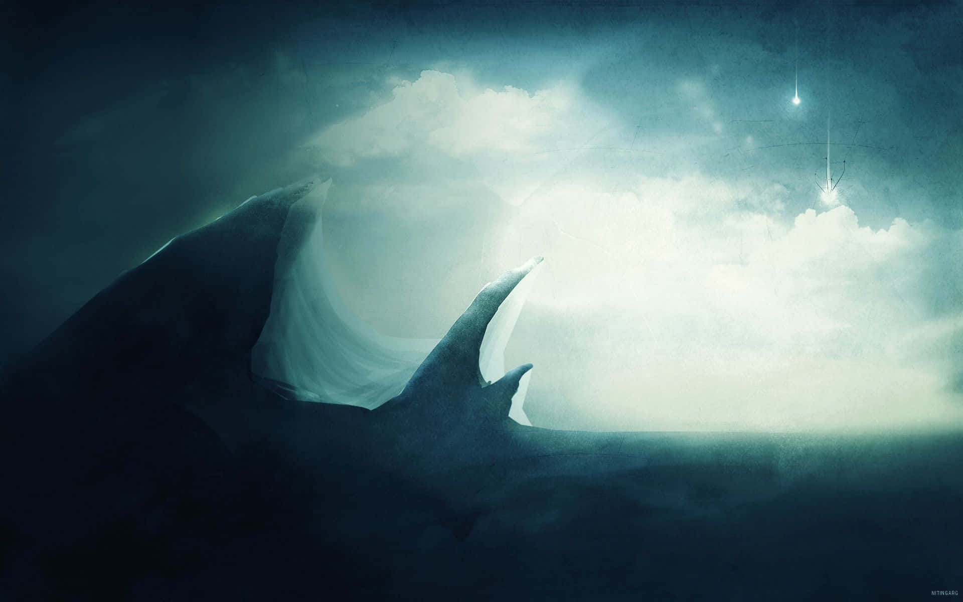 colossal whale, misty teal waters, glowing sky, Full HD Desktop Wallpaper