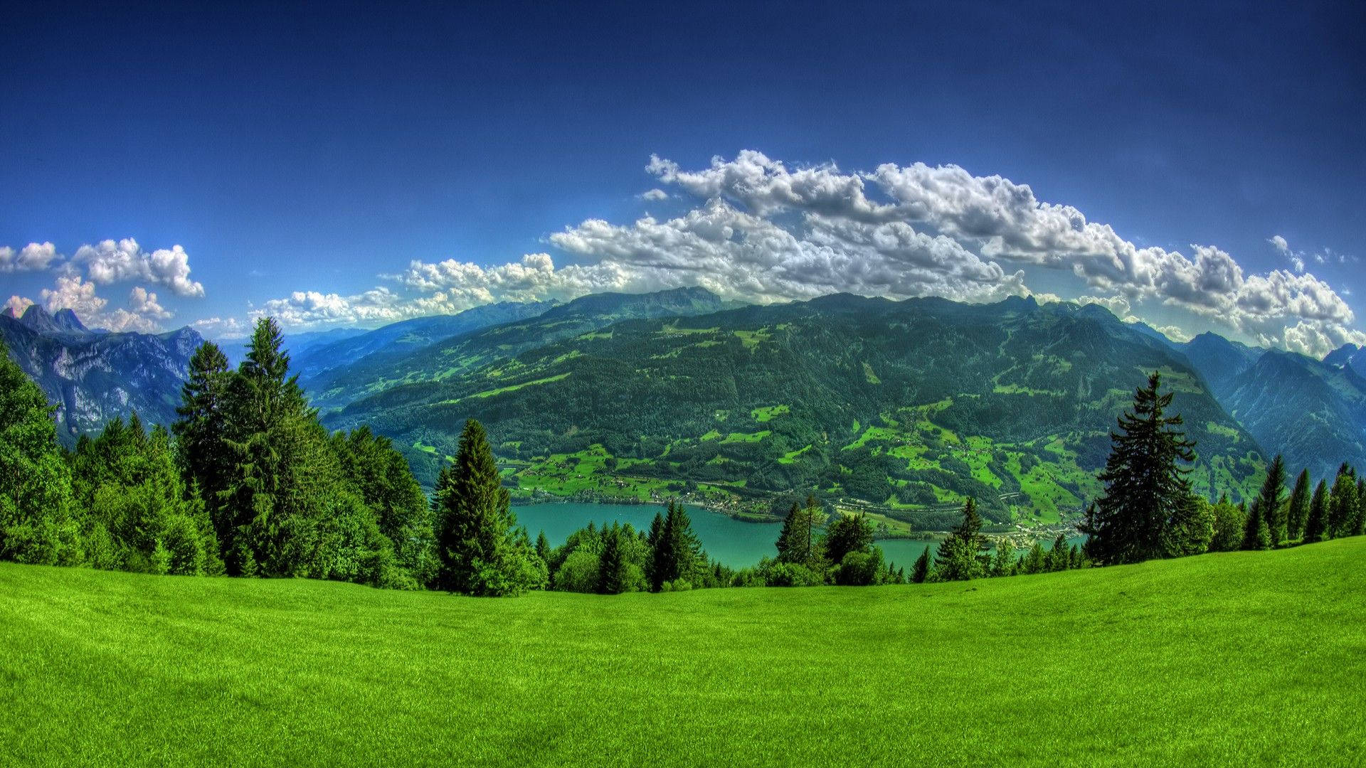 Green Mountains, pine trees, serene lake, Full HD Desktop Wallpaper