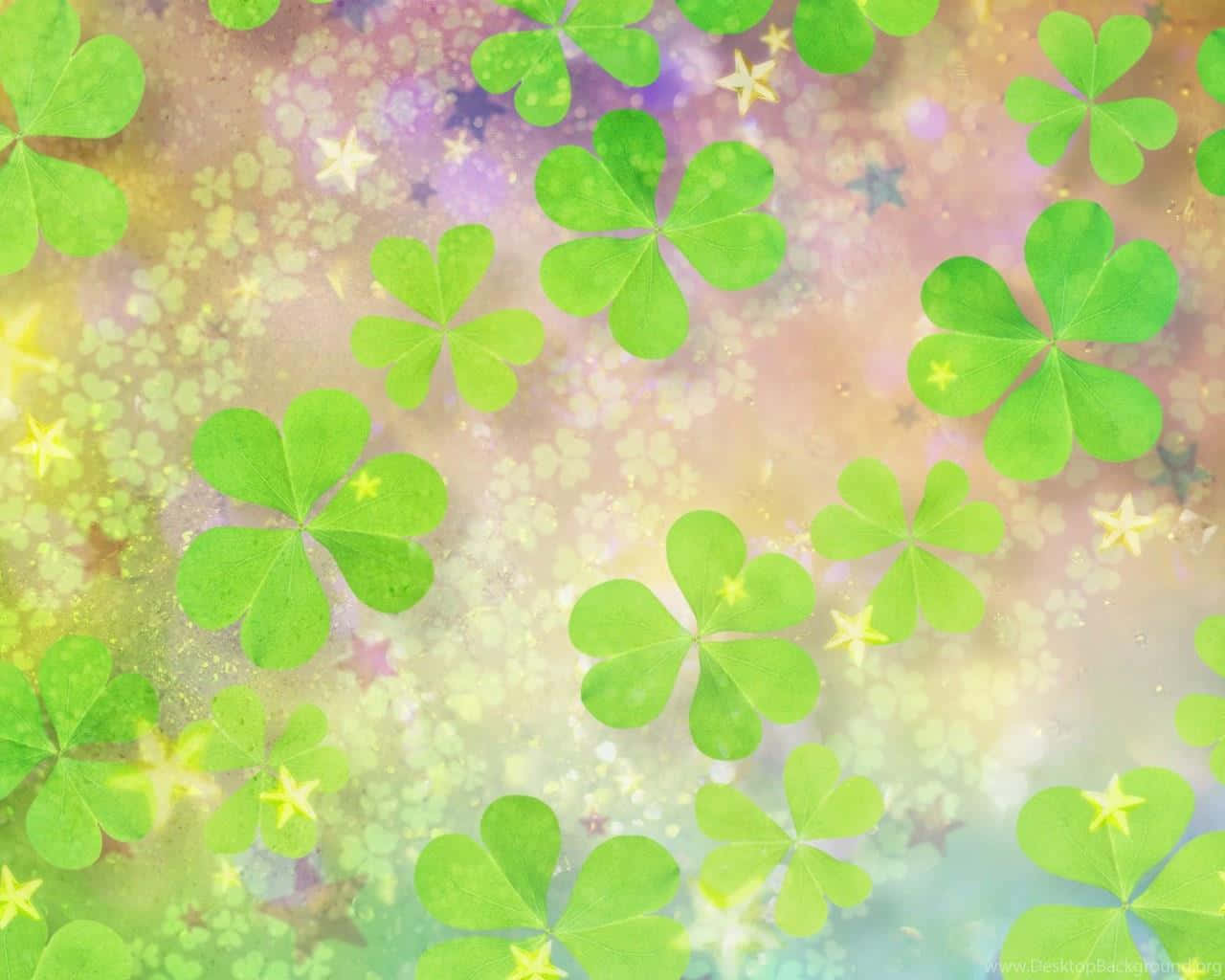 Enchanted Shamrock Glitter Background, vibrant green four leaf clovers, sparkling stars, HD Desktop Wallpaper