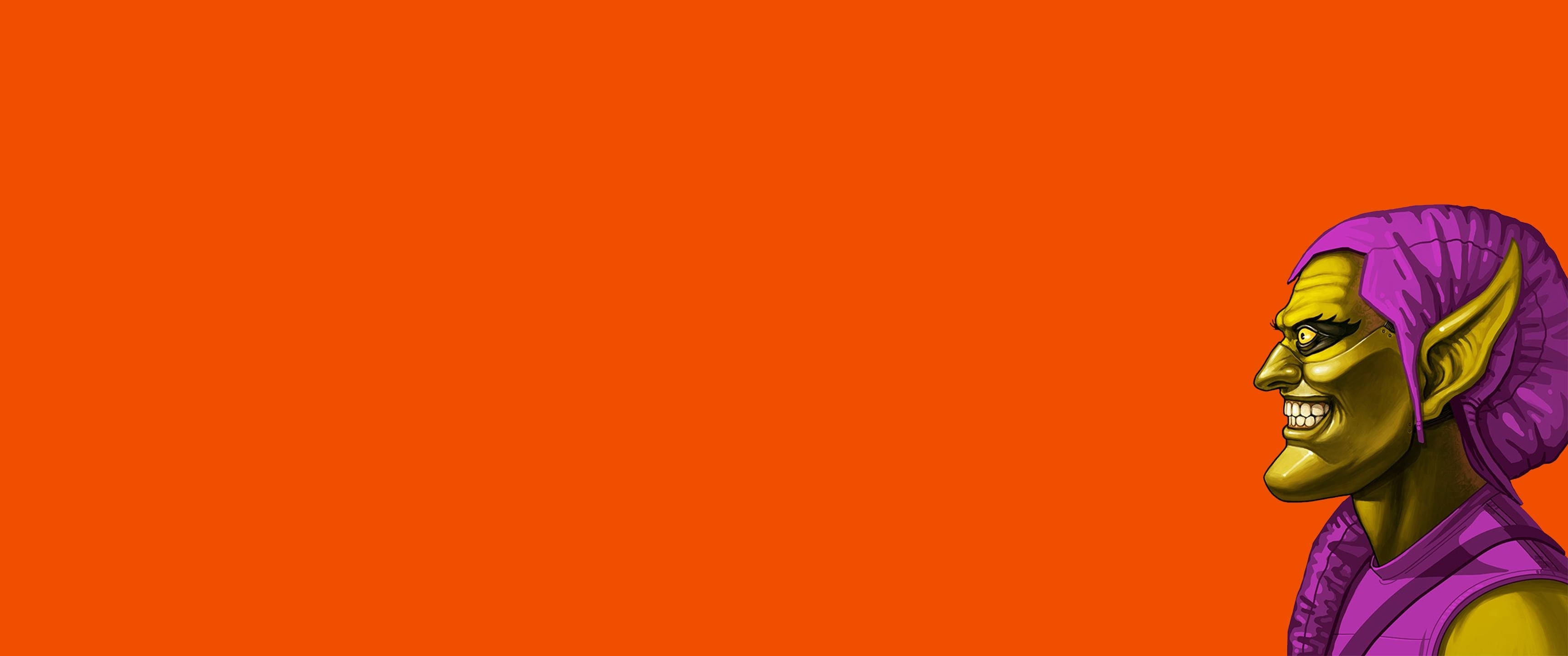 Green Goblin, orange background, purple hood, 2K Desktop Wallpaper