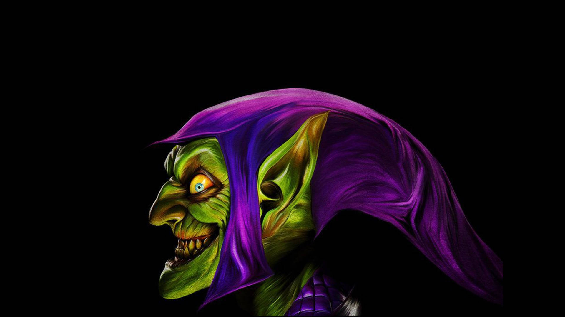 Green Goblin, glowing yellow eyes, purple hood, Full HD Desktop Wallpaper