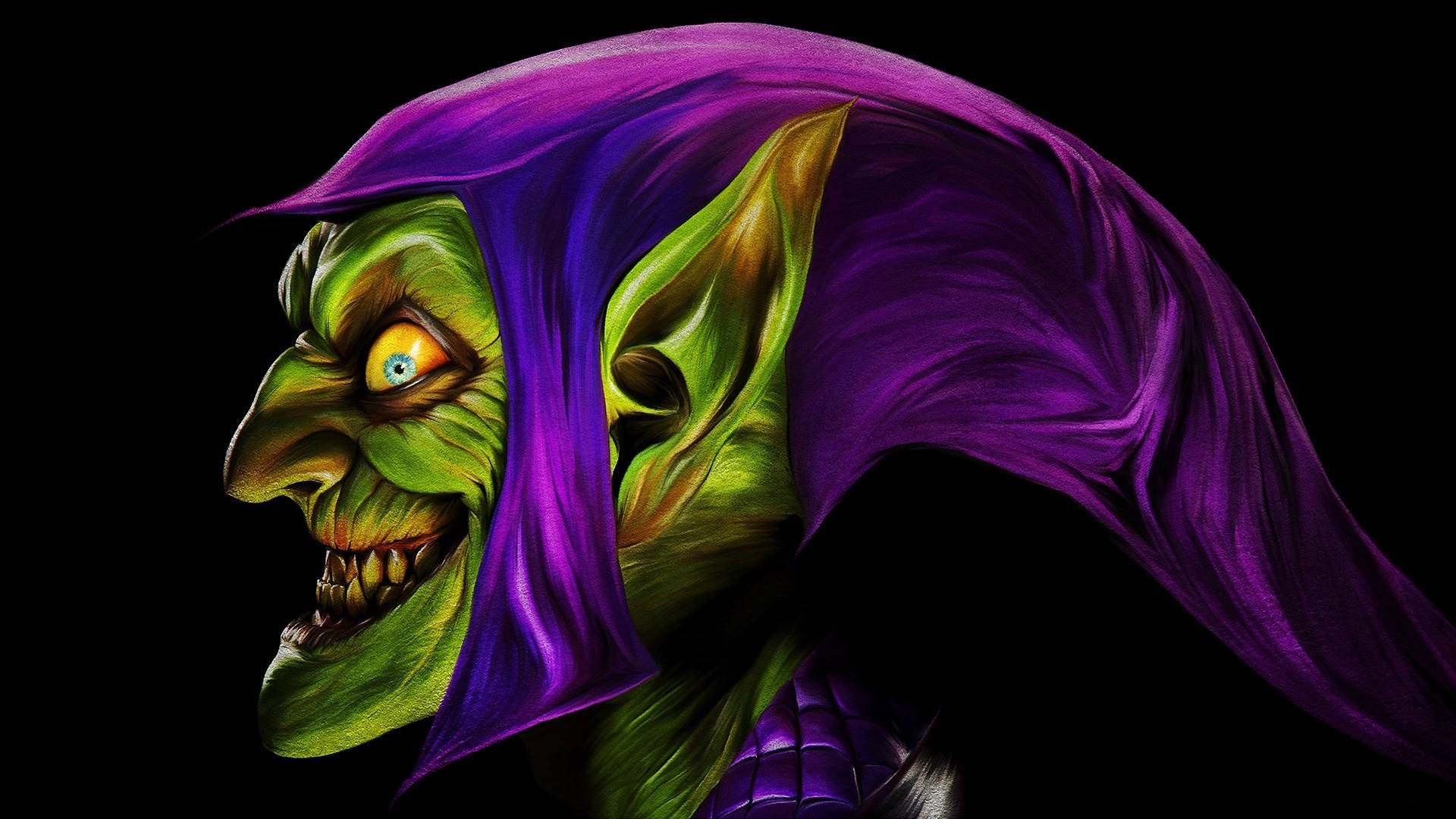 Green Goblin, glowing yellow eyes, purple hood, Full HD Desktop Wallpaper
