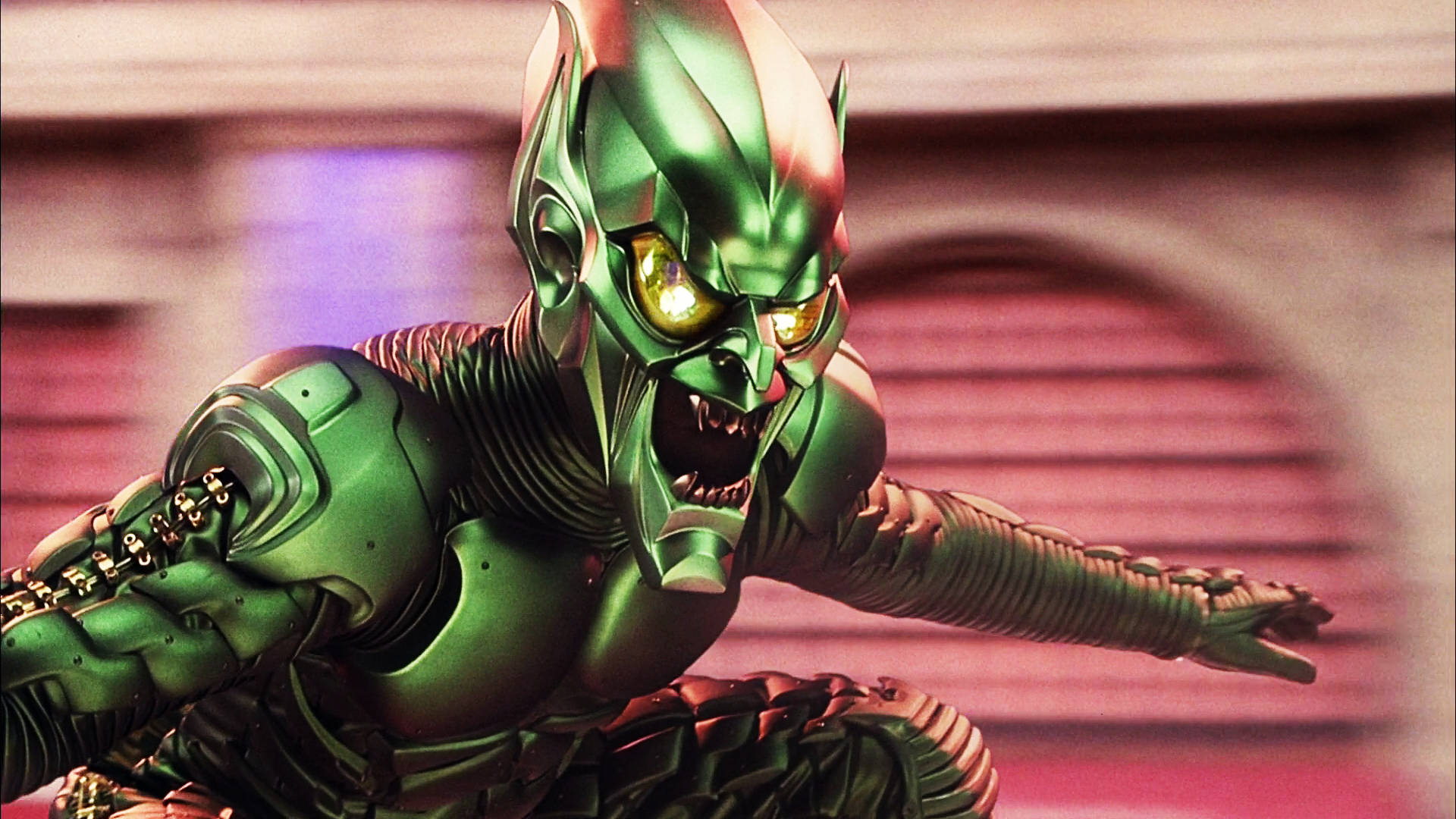 Green Goblin, green armored alien, glowing yellow eyes, Full HD Desktop Wallpaper