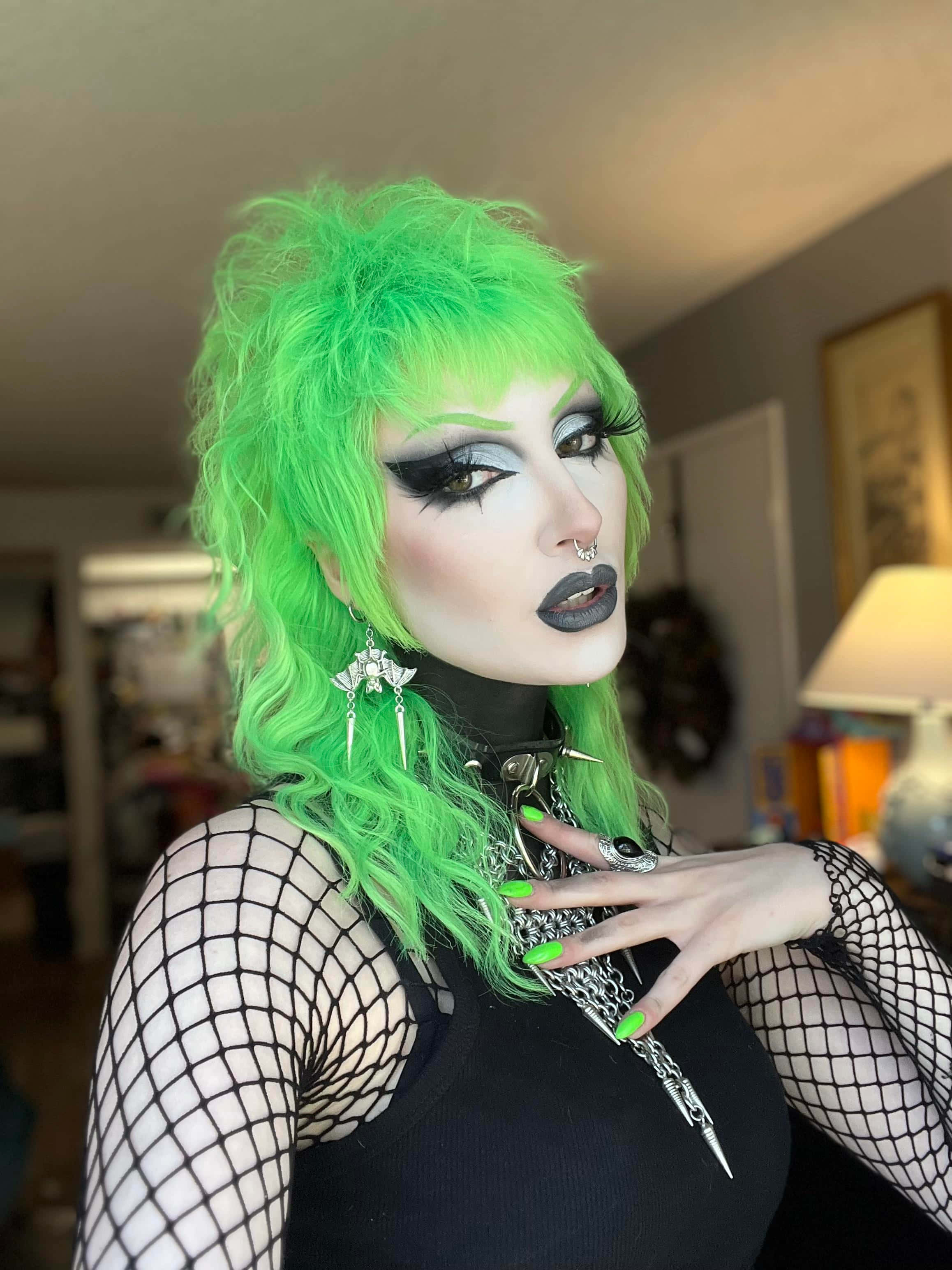 Green Goth Aesthetic, vibrant green hair, dramatic black makeup, 2K Phone Wallpaper