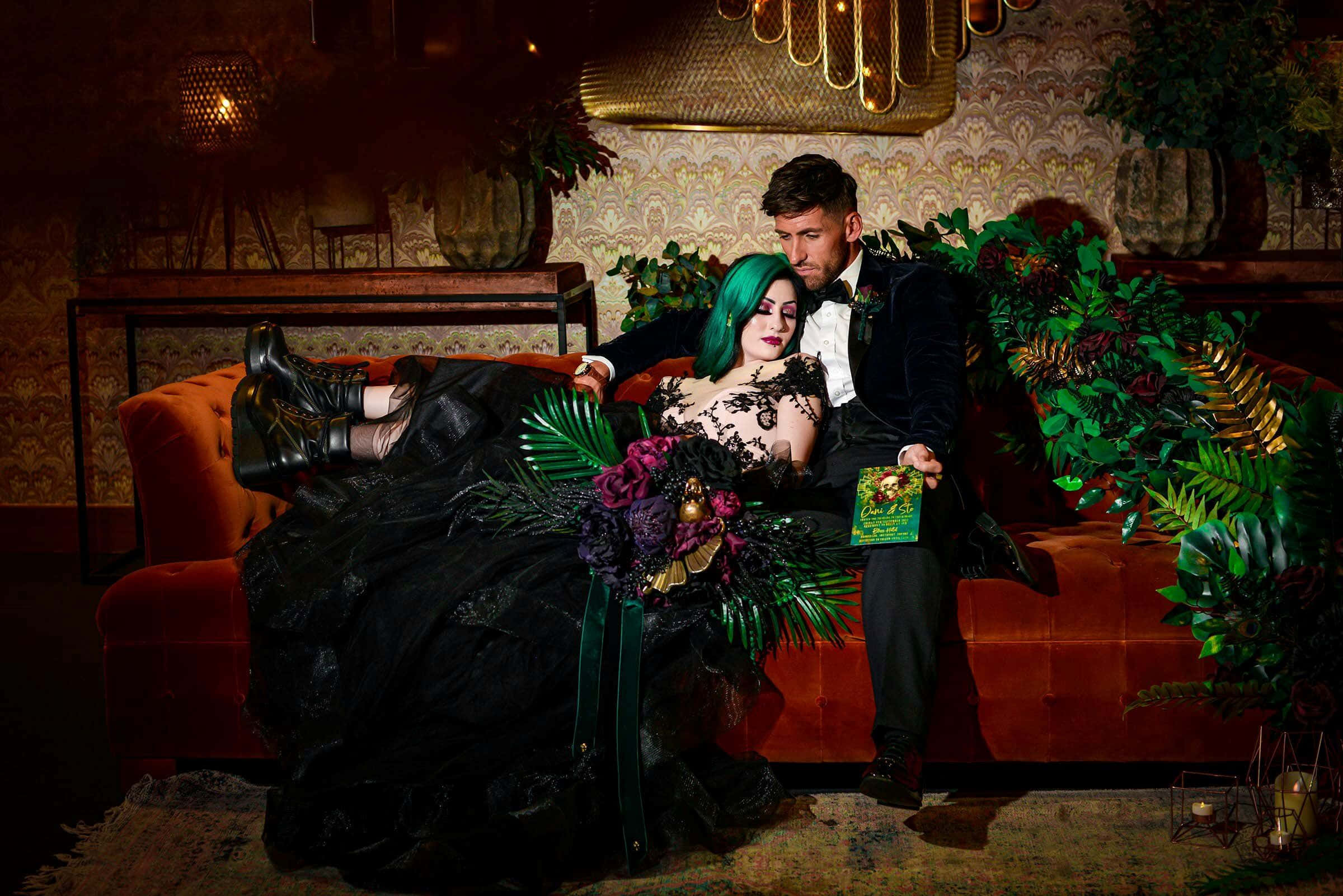 Green Goth Aesthetic, velvet couch, lush greenery, Full HD Desktop Wallpaper