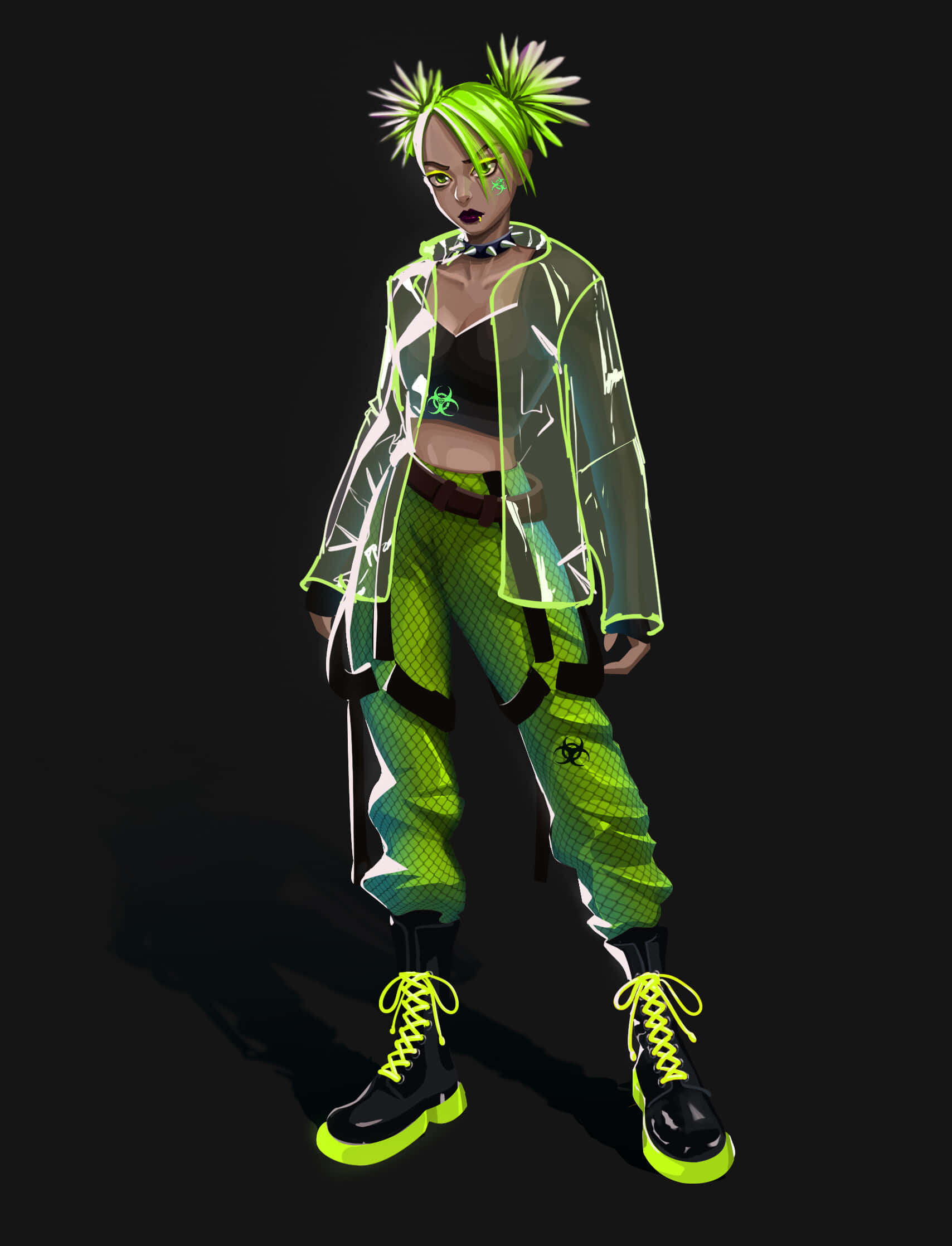 Green Goth Aesthetic, neon green spiky hair, glowing outfit, Full HD Phone Wallpaper
