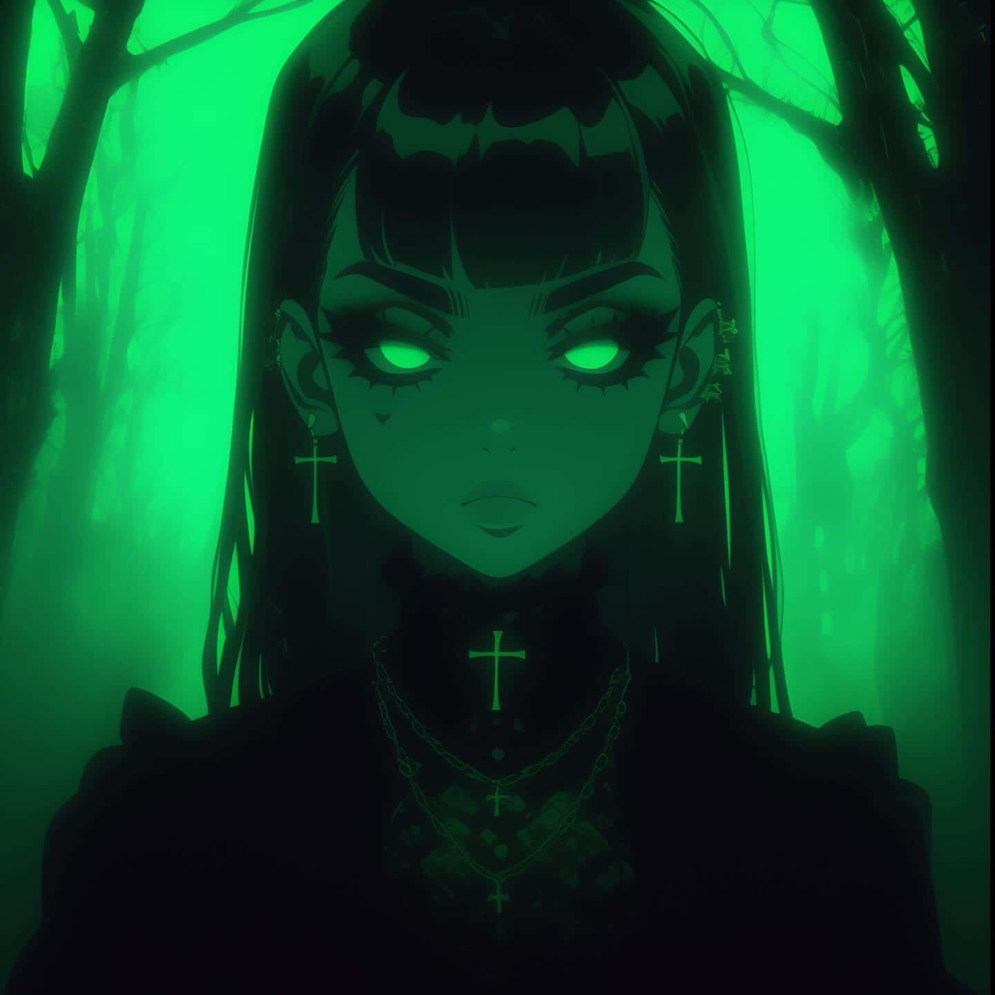 Emerald Gothic Portrait, glowing green eyes, cross jewelry, HD Desktop Wallpaper