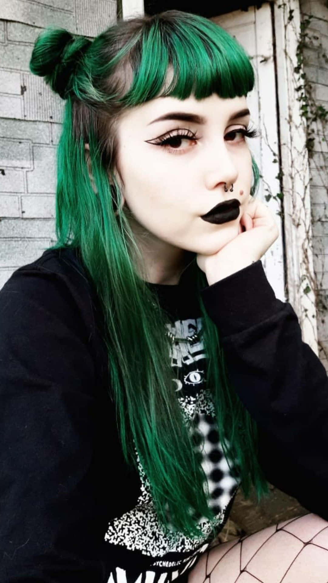 Green Goth Girl Aesthetic, vibrant green hair, twin buns, Full HD Phone Wallpaper
