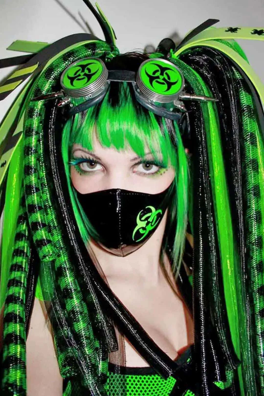 Green Goth Aesthetic, neon green hair, biohazard goggles, HD Phone Wallpaper