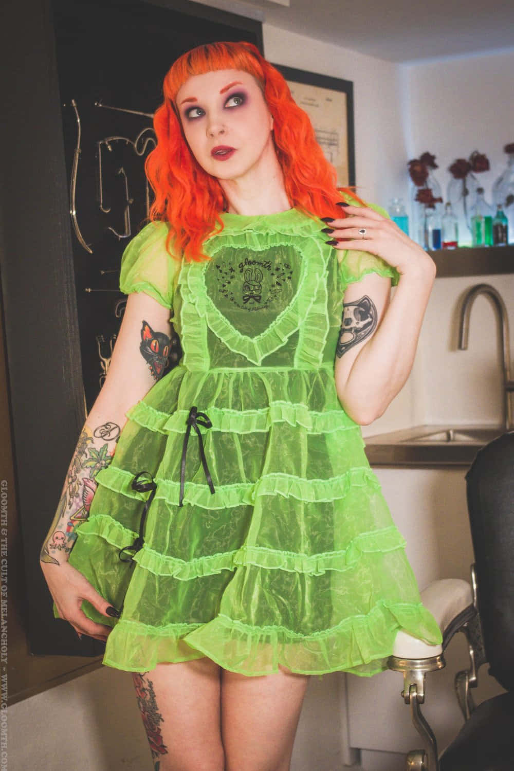 Green Goth Aesthetic, neon green dress, black lace-up details, HD Phone Wallpaper