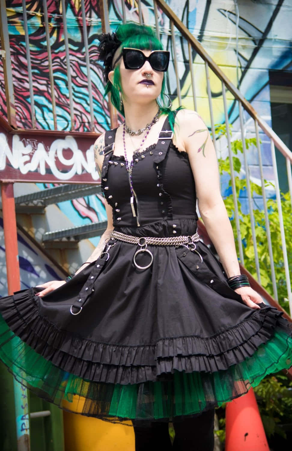 vibrant green hair, black gothic lolita outfit, colorful graffiti wall, HD Phone Wallpaper