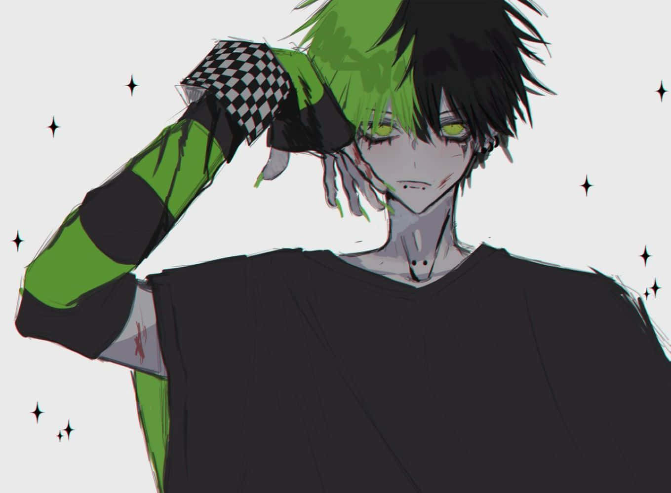 Green Goth Anime Character Aesthetic, green and black hair, glowing green eyes, HD Desktop Wallpaper