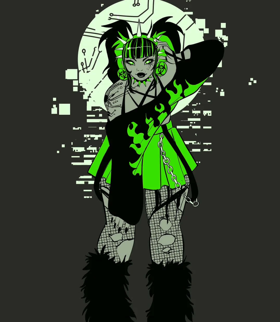 Green Goth Aesthetic, cyberpunk character, anime girl, SD Phone Wallpaper