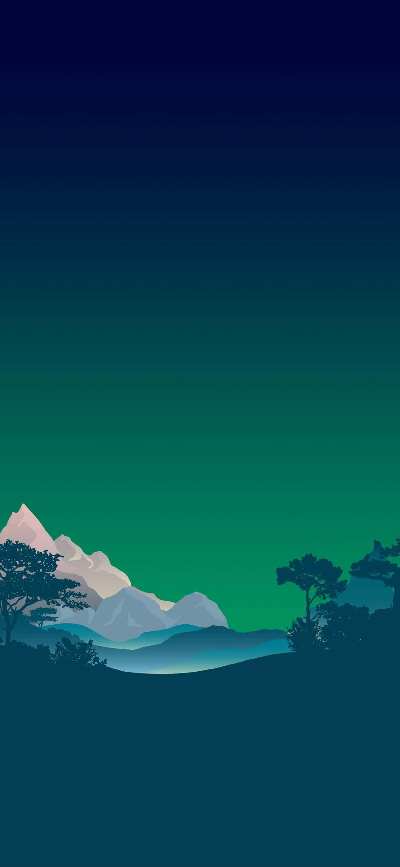 minimalist mountain, snow-capped peaks, silhouetted trees, 2K Phone Wallpaper