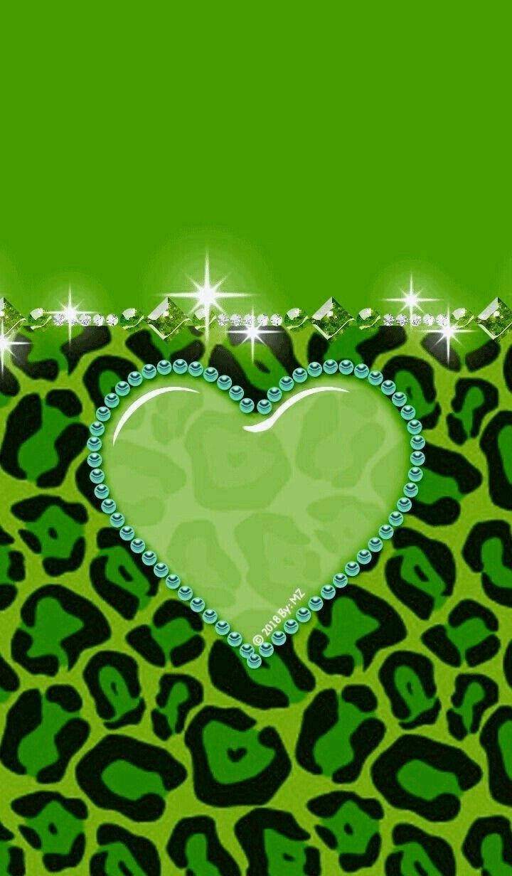 Green Heart, leopard print, glowing heart, SD Phone Wallpaper