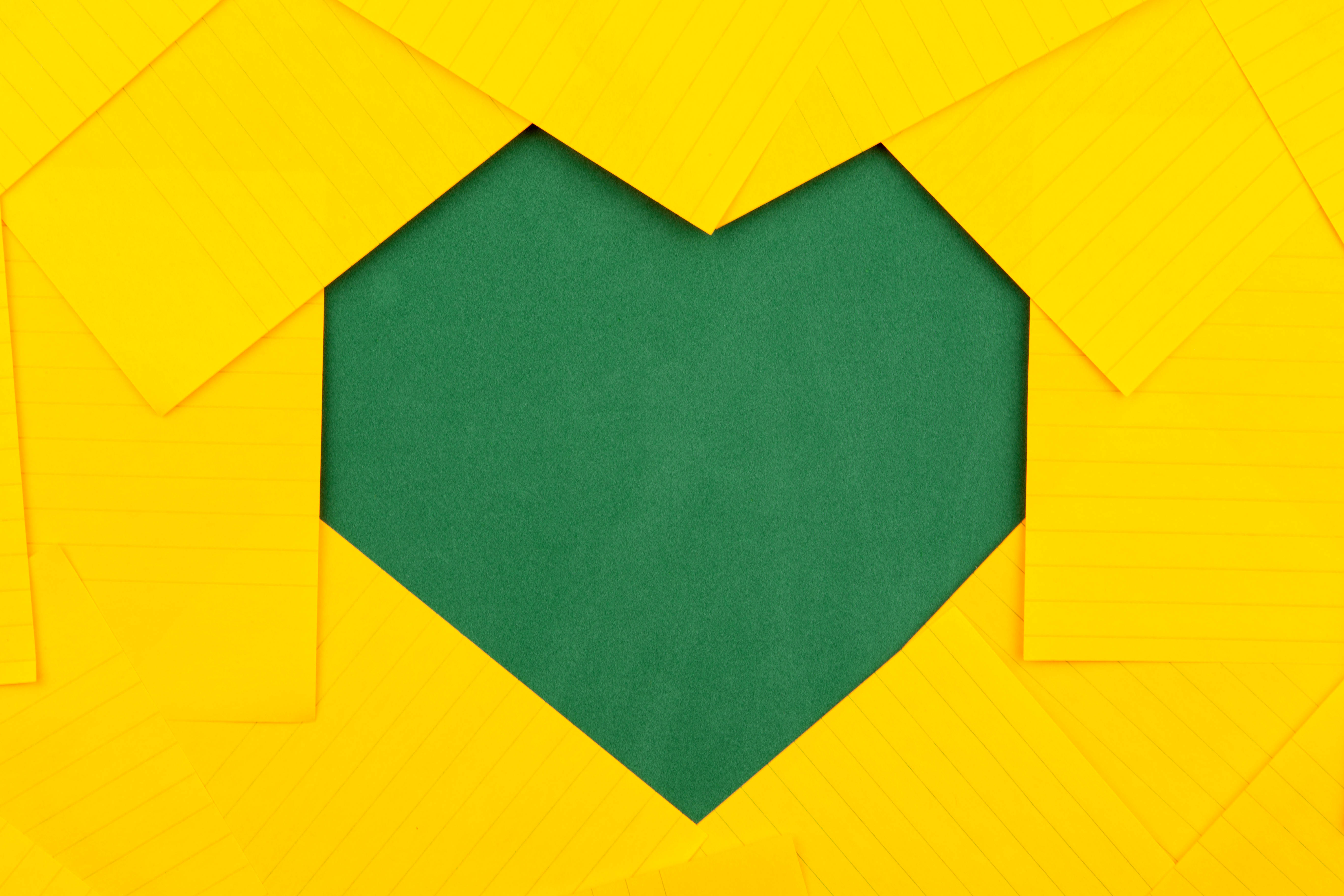 Green Heart, yellow paper, textured green center, 5K Desktop Wallpaper
