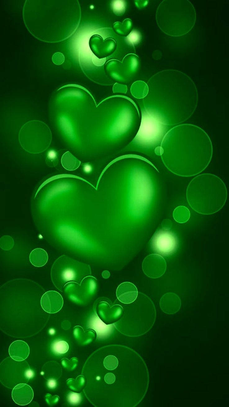 Glossy emerald hearts, glowing green orbs, radiant digital composition, HD Phone Wallpaper