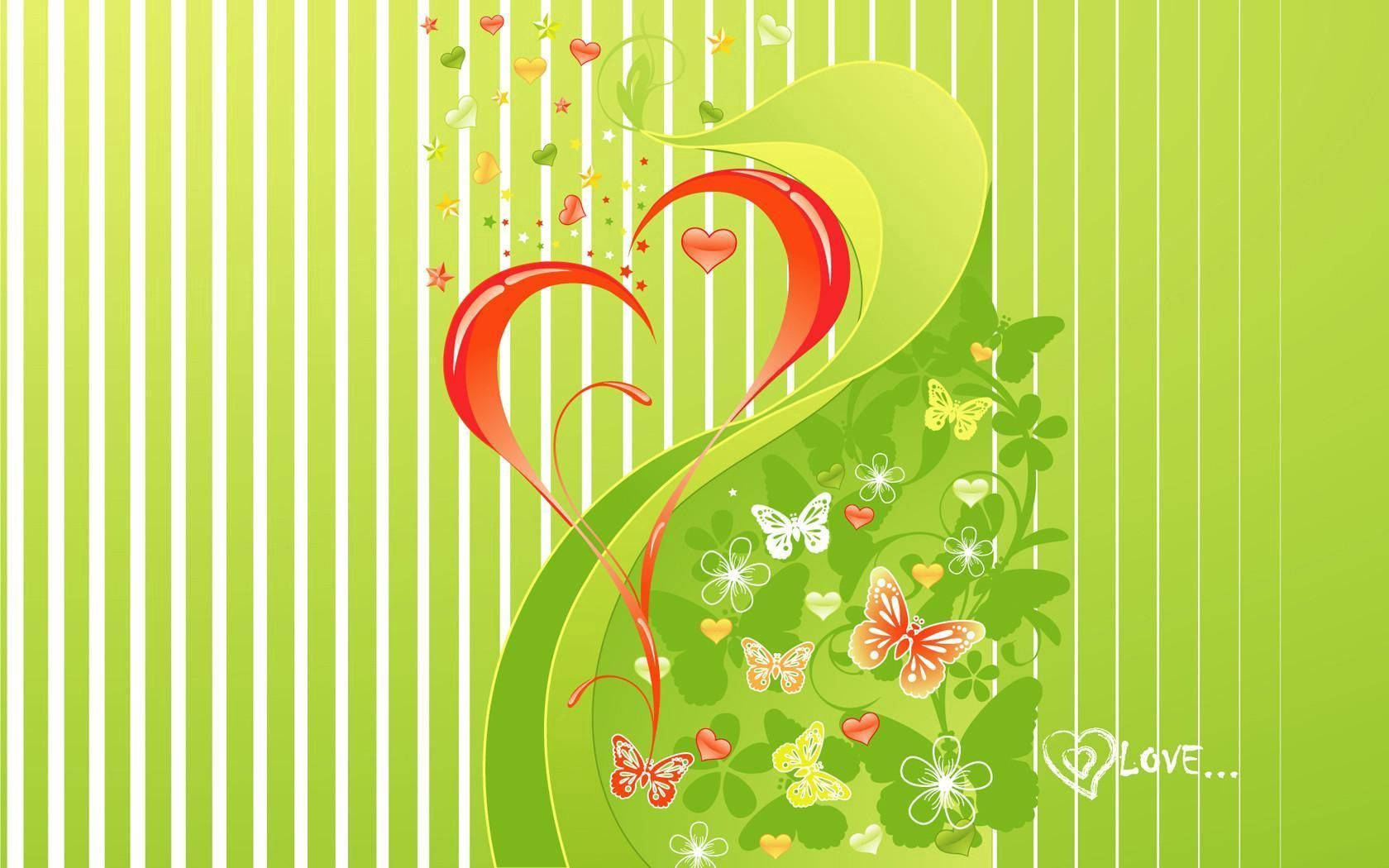 Green Heart, butterflies, heart-shaped swirl, HD Desktop Wallpaper