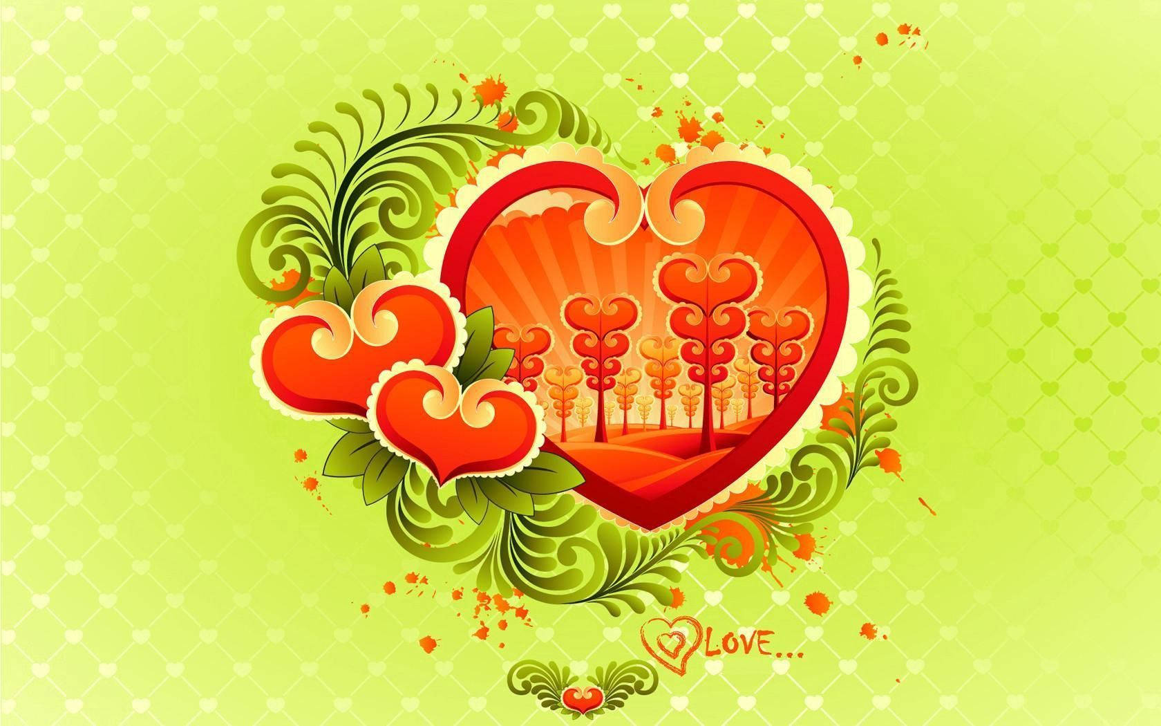 Green Heart, red heart-shaped landscape, stylized trees, HD Desktop Wallpaper