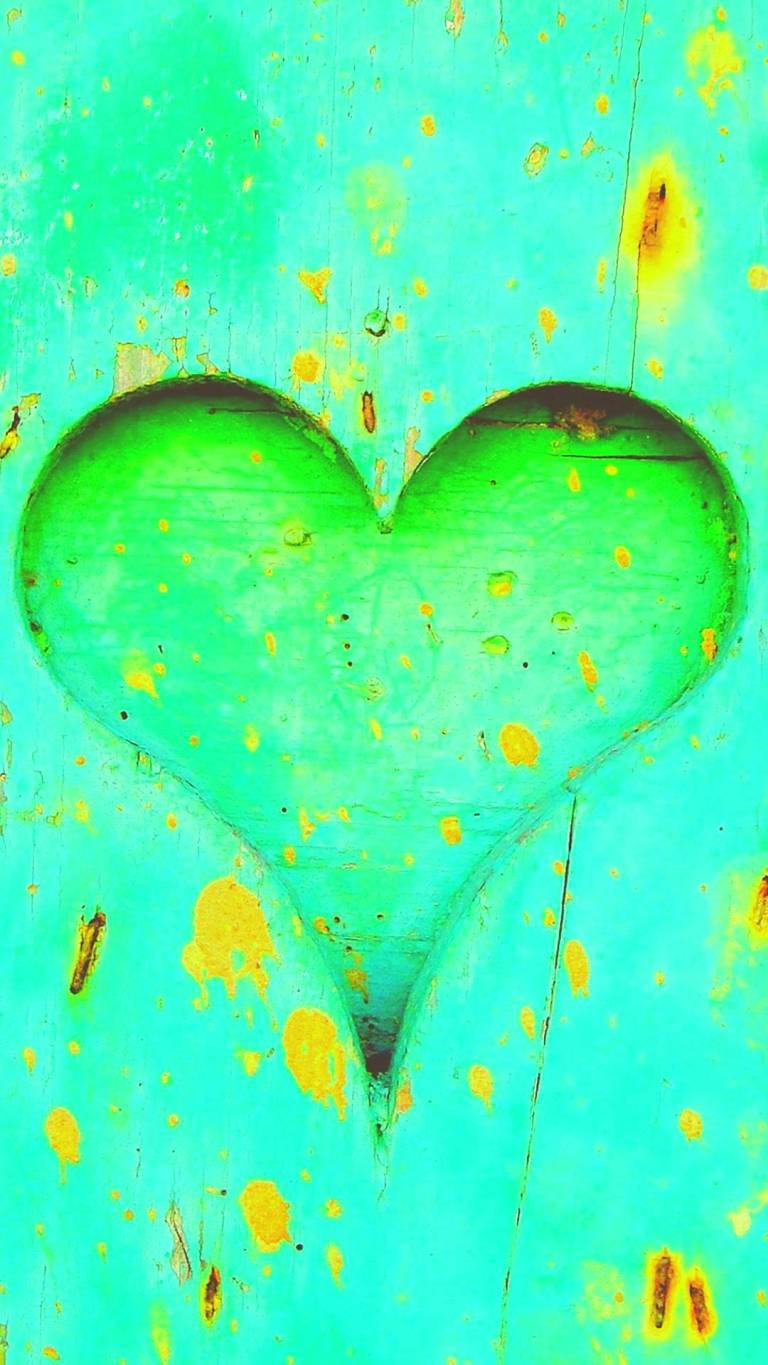 neon green heart, turquoise wooden surface, carved heart shape, HD Phone Wallpaper