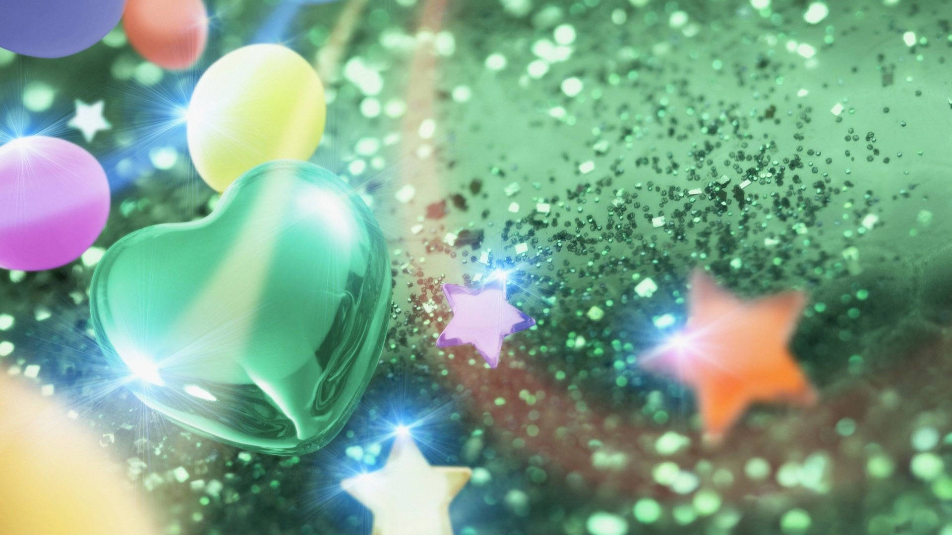 Green Heart, shiny green heart, colorful balloons, Full HD Desktop Wallpaper