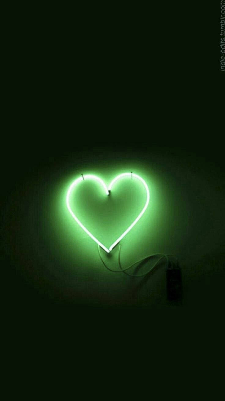 Green Heart Light, glowing green neon heart sign, dark wall, HD Phone Wallpaper