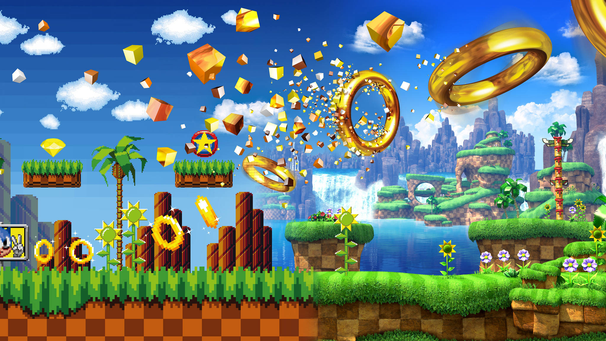 Green Hill Zone, pixel-art, golden rings, Full HD Desktop Wallpaper
