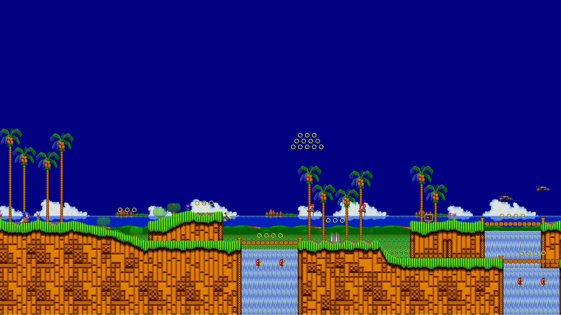 Green Hill Zone, waterfalls, palm trees, Full HD Desktop Wallpaper