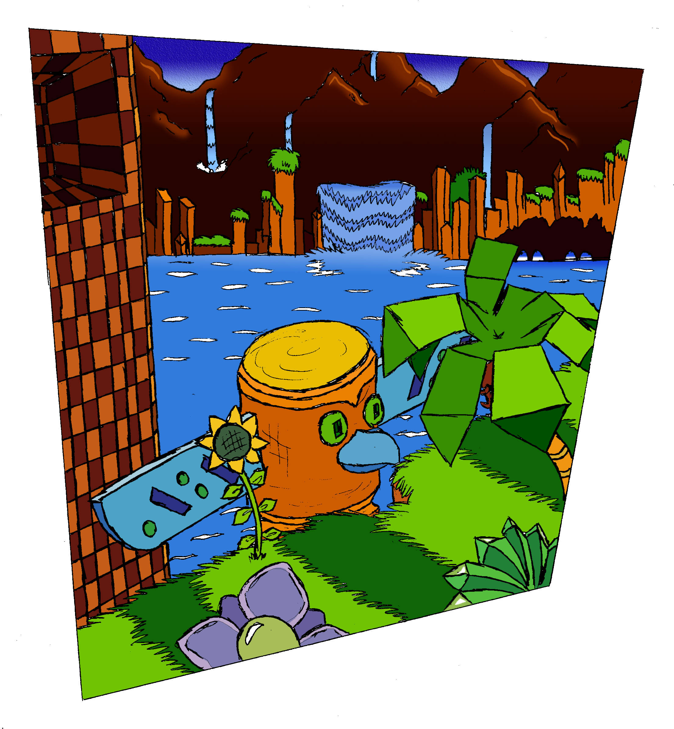 Green Hill Zone, orange bird, blue beak, Full HD Phone Wallpaper