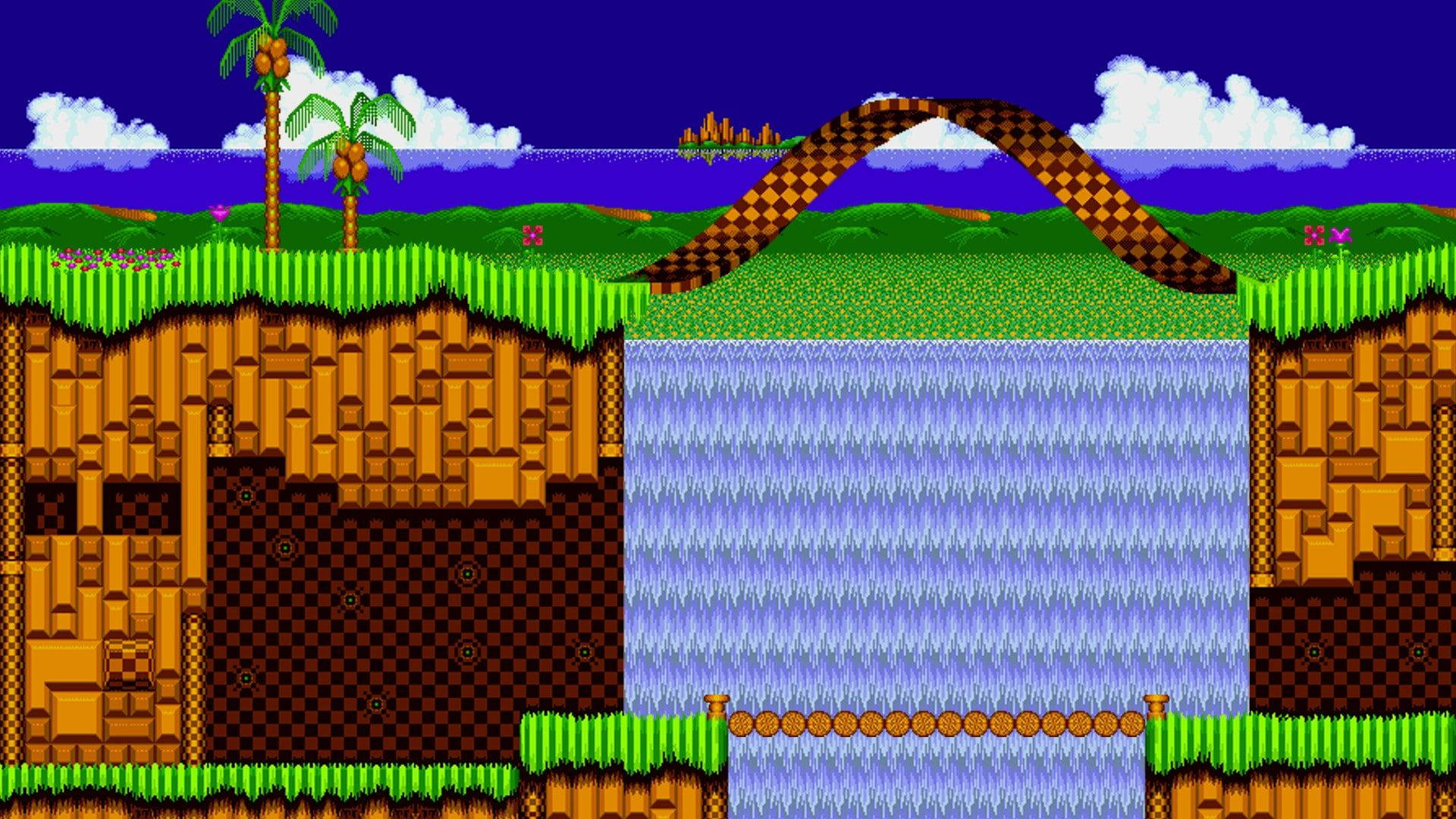 Green Hill Zone, bridge, green grass cliffs, Full HD Desktop Wallpaper