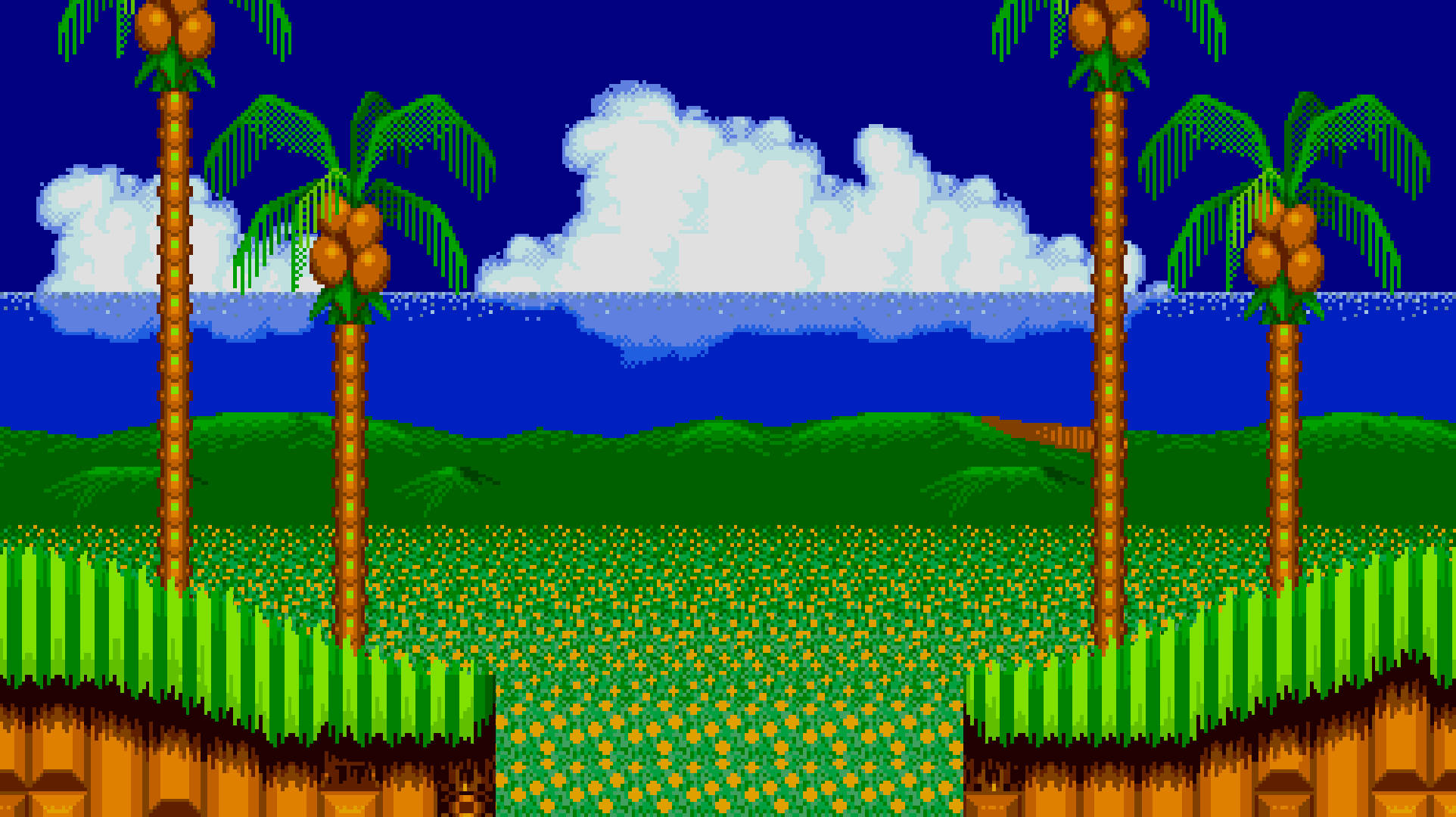 Green Hill Zone, palm trees, coconuts, Full HD Desktop Wallpaper