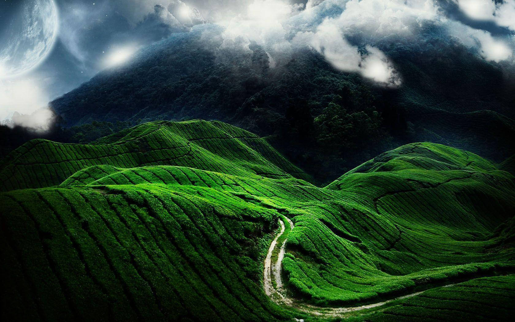 Green Hills, vibrant green terraced hills, dramatic cloudy sky, HD Desktop Wallpaper