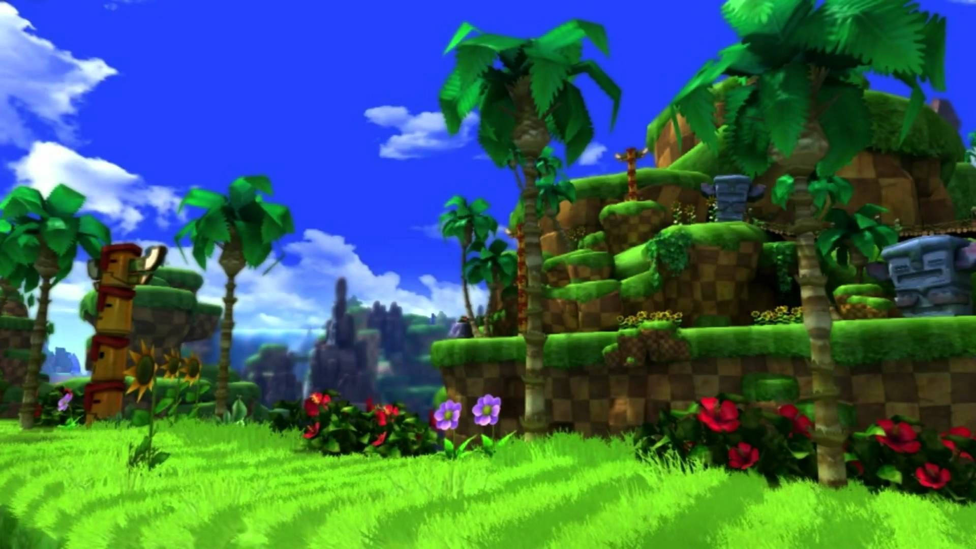 Green Hill Zone, lush green grass, palm trees, Full HD Desktop Wallpaper